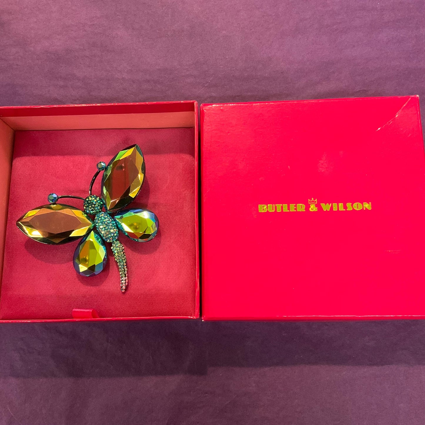 Vintage Butler and Wilson Large Crystal Butterfly Brooch, Faceted Aurora Borealis Rainbow Crystals and Rhinestones, Signed in Original Box