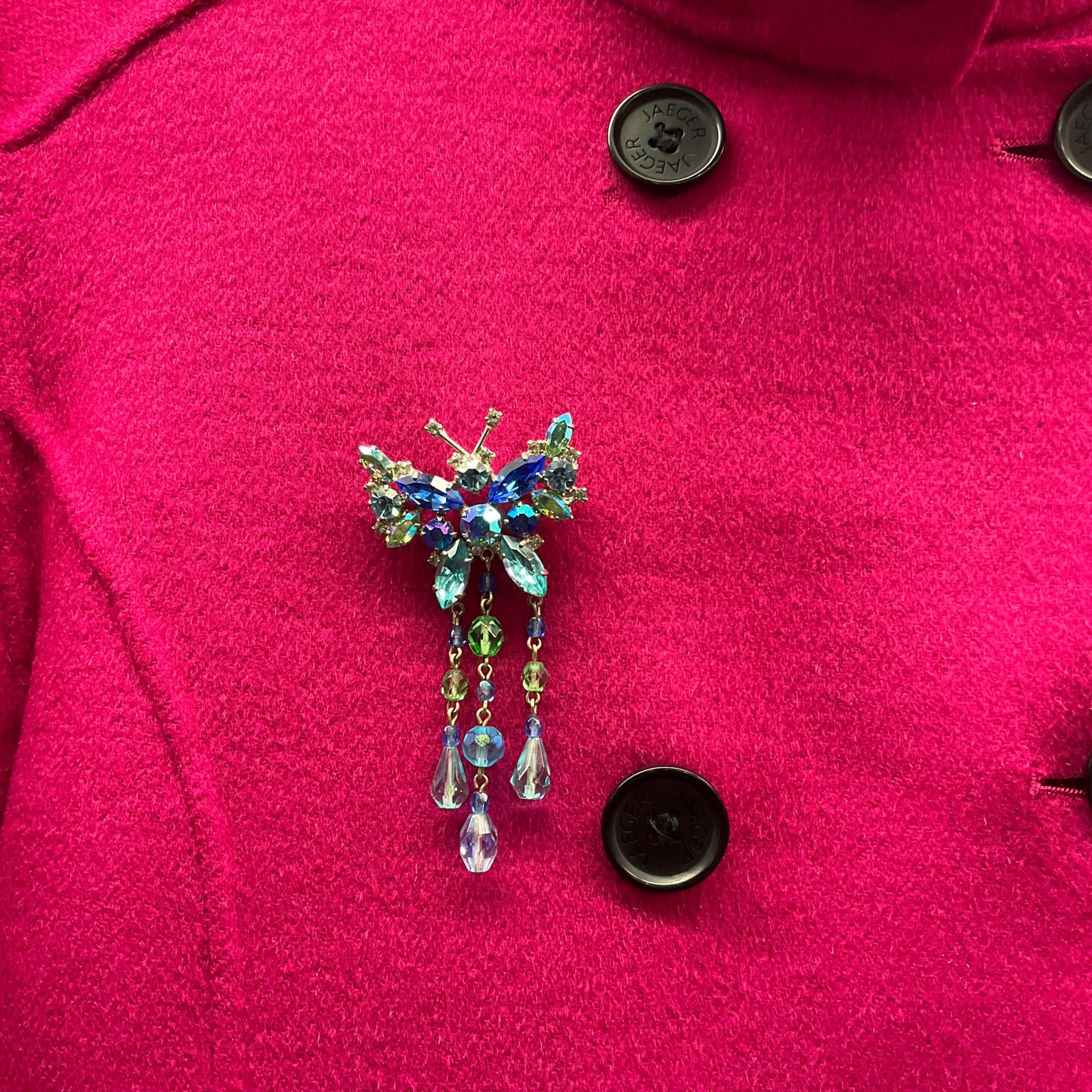 Vintage Butler And Wilson Large Blue Borealis Crystal Butterfly Brooch, Waterfall Crystal, signed in original box, sustainable gift