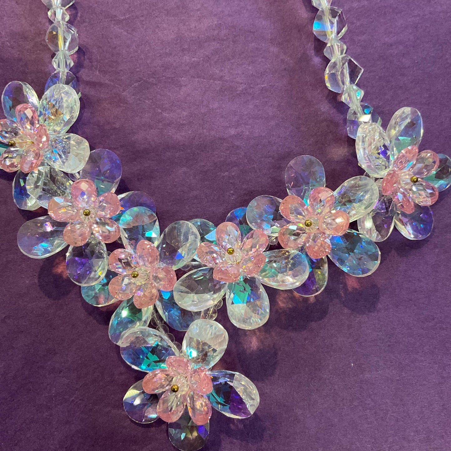 Vintage Butler And Wilson Crystal Floral Garland Beaded Necklace, Aurora Borealis And Pale Pink Crystal Flowers, Signed In Original Box