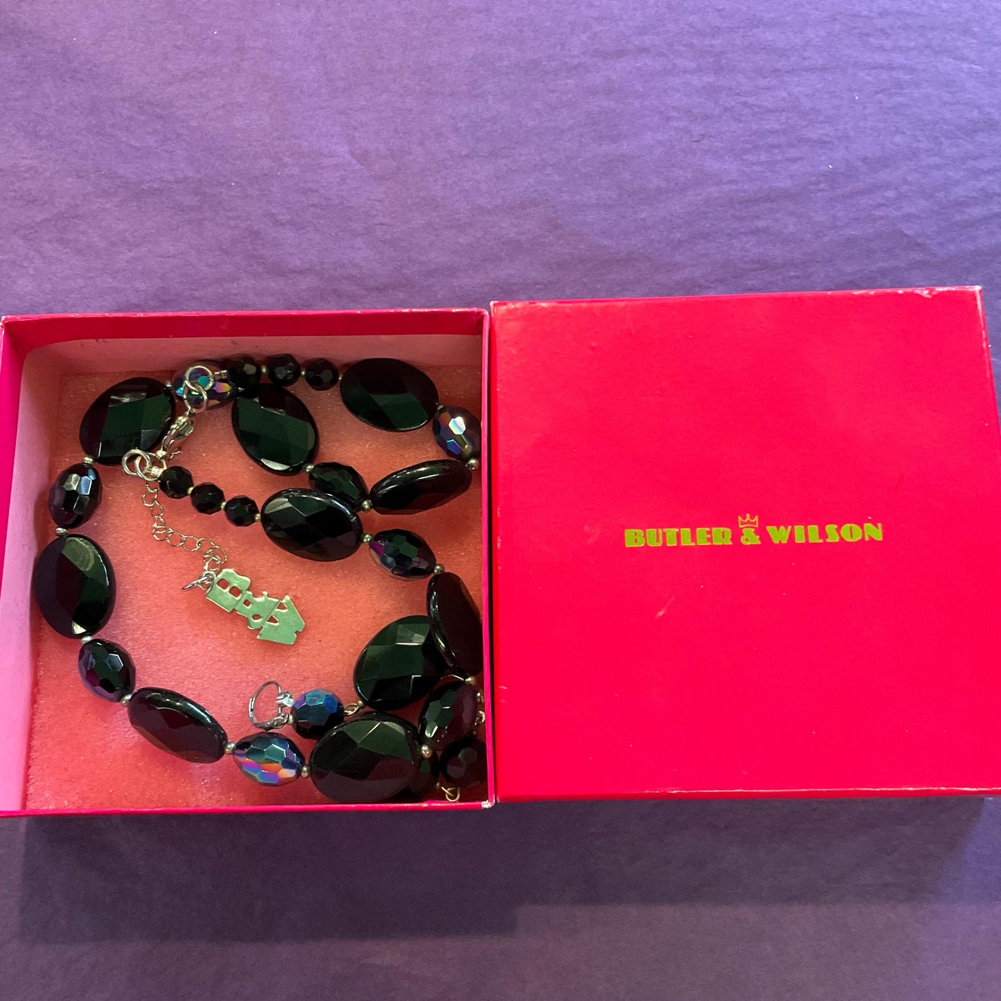 Vintage Butler And Wilson Black And Peacock Borealis Crystal Beaded Necklace And Drop Earring Set, Signed In OB, Wedding, Formal Event