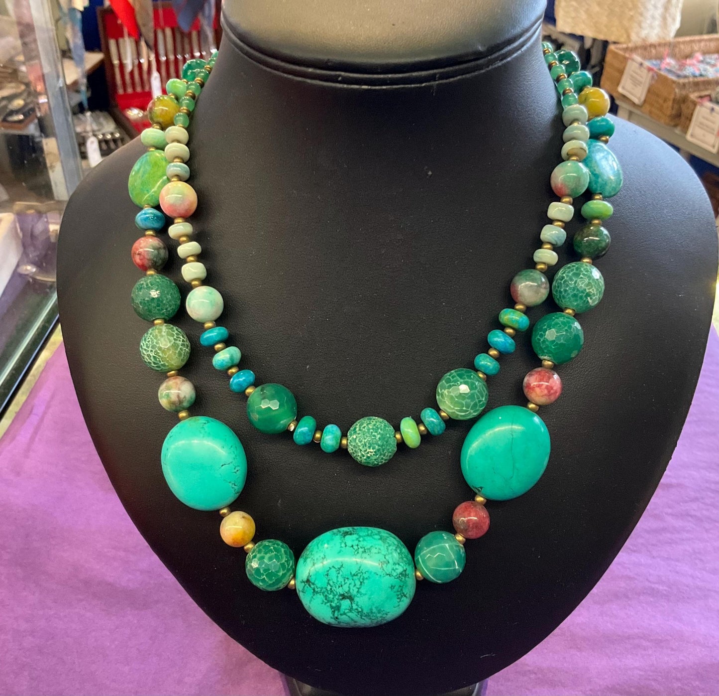 Vintage Butler And Wilson Statement Turquoise And Gemstone Necklace, Beads, Crystals And Agate, Signed In Original Box
