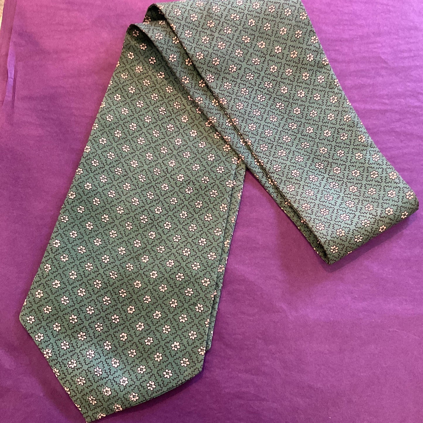 Vintage Gents Pure Silk Paisley Cravat, Green and Cream by A Sulka & Company, New Bond Street, London, Vintage Man
