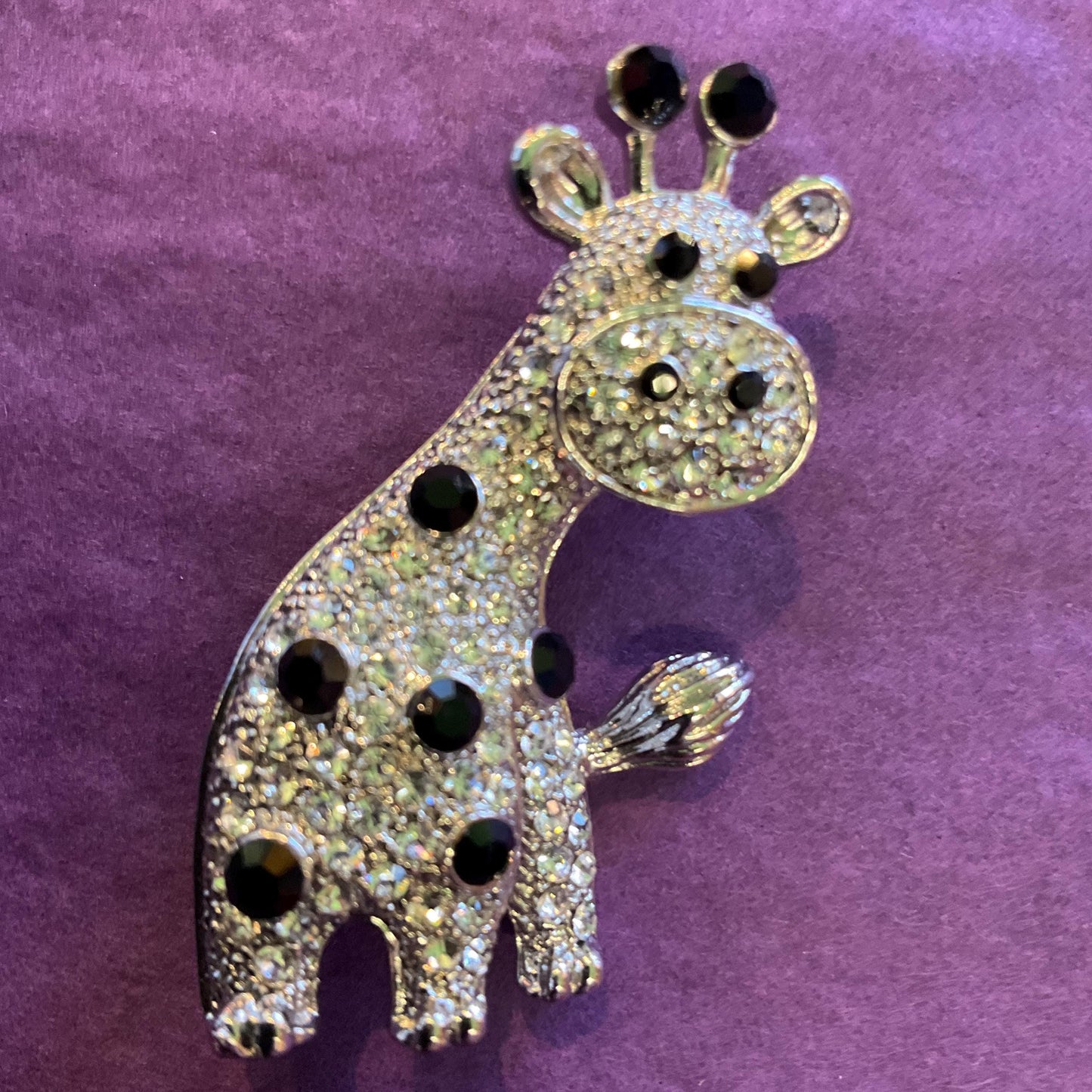 Vintage Butler and Wilson Crystal Girafe Brooch, Silver and Black Crystal, signed as new, Girafe lover gift.
