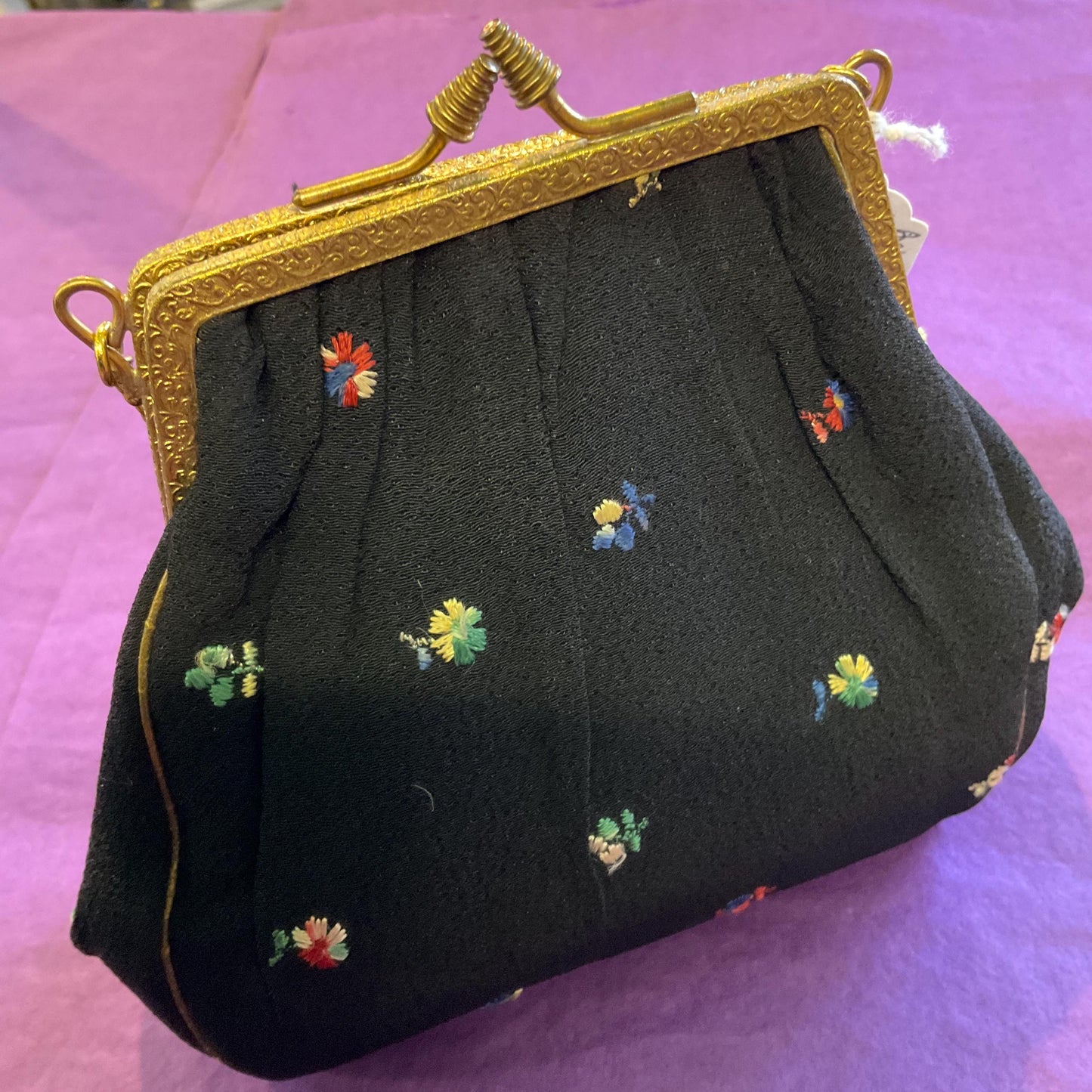 Antique Edwardian Black Silk Embroidered Floral Evening Bag, Crepe silk with gold tone ornate frame, vintage wedding, sustainable gift