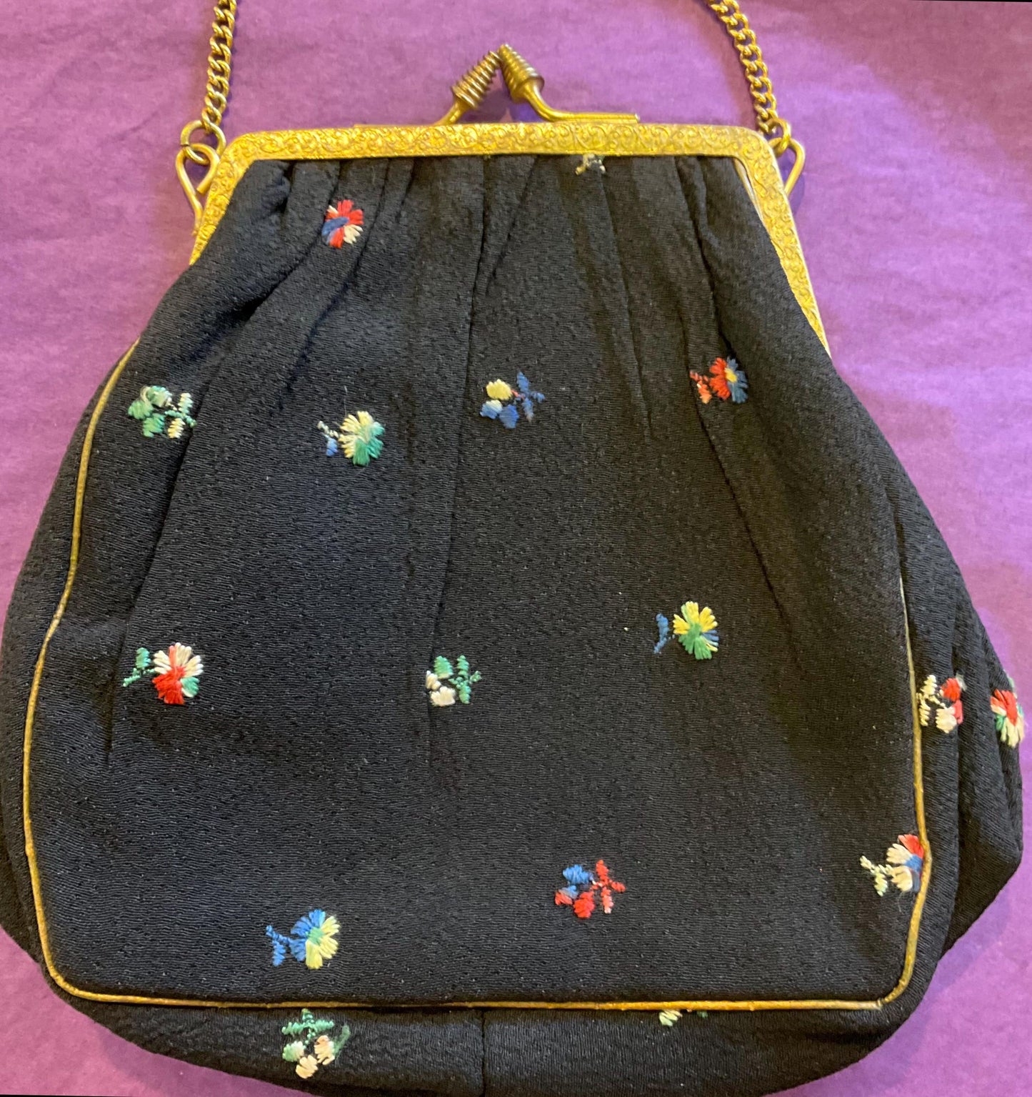 Antique Edwardian Black Silk Embroidered Floral Evening Bag, Crepe silk with gold tone ornate frame, vintage wedding, sustainable gift