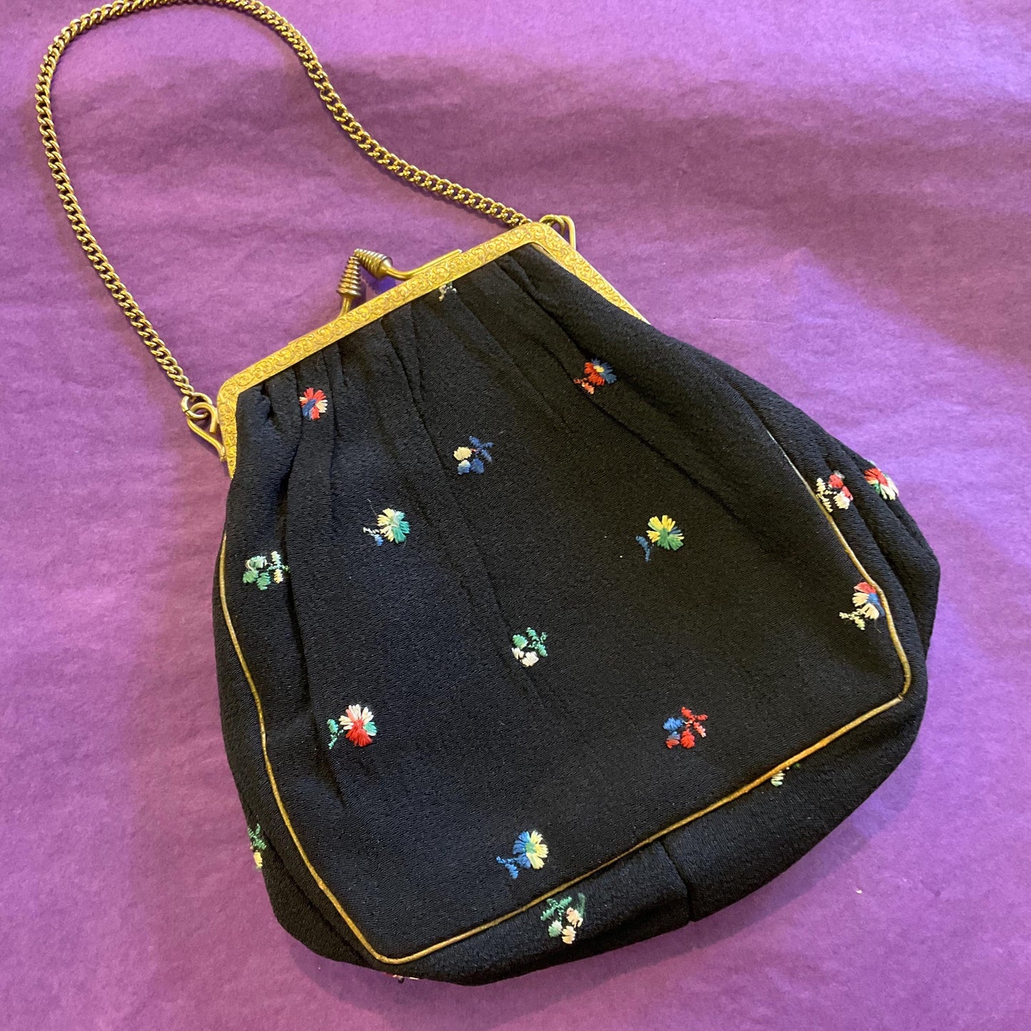 Antique Edwardian Black Silk Embroidered Floral Evening Bag, Crepe silk with gold tone ornate frame, vintage wedding, sustainable gift