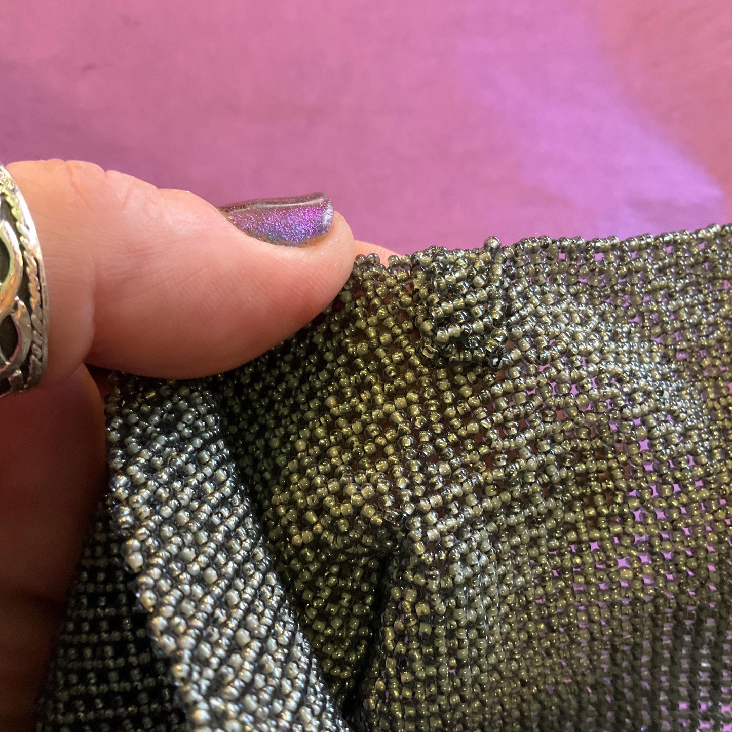 Antique Art Deco Micro Beaded Fringed Evening Bag, pewter tone glass beads, Shoulder strap, Formal Event