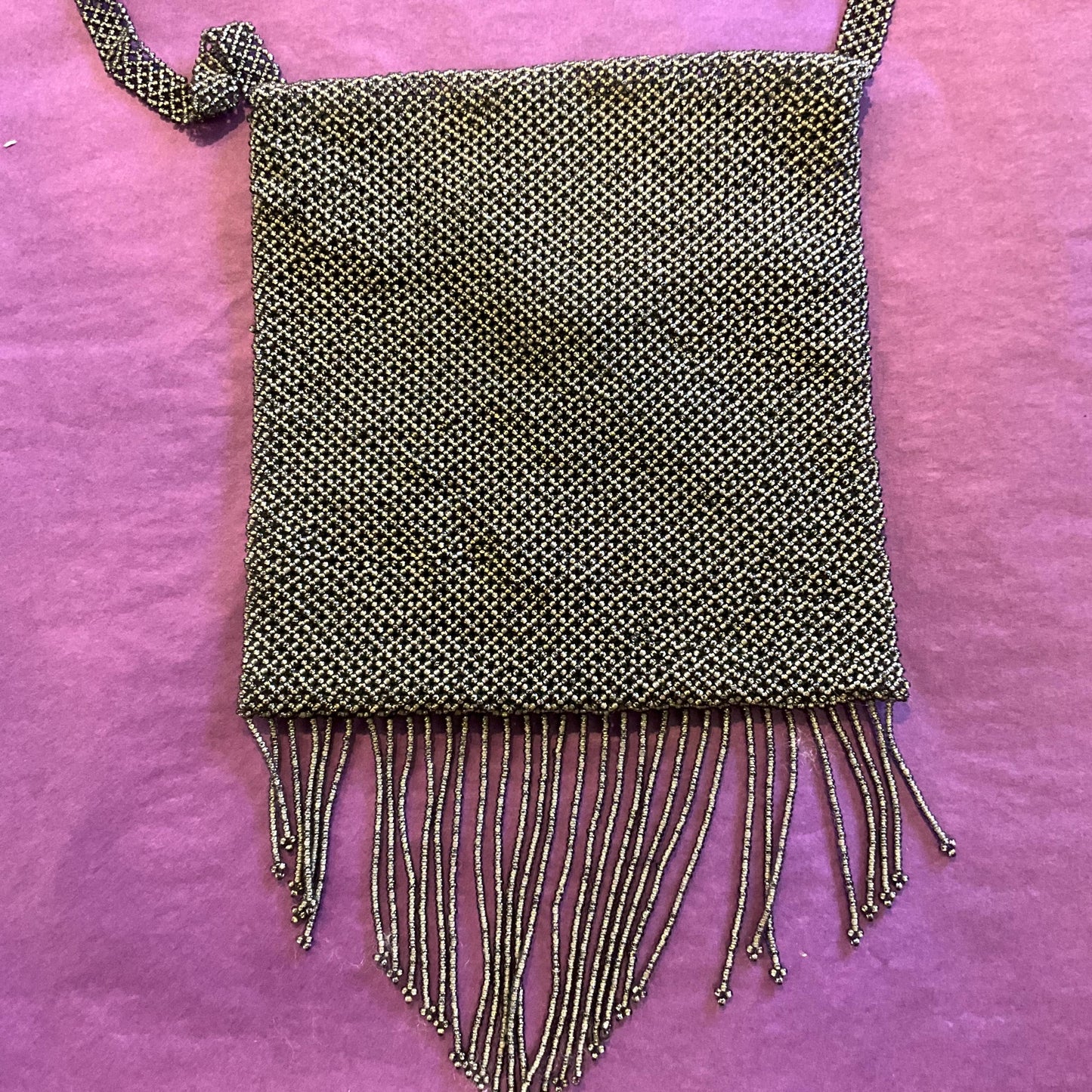 Antique Art Deco Micro Beaded Fringed Evening Bag, pewter tone glass beads, Shoulder strap, Formal Event