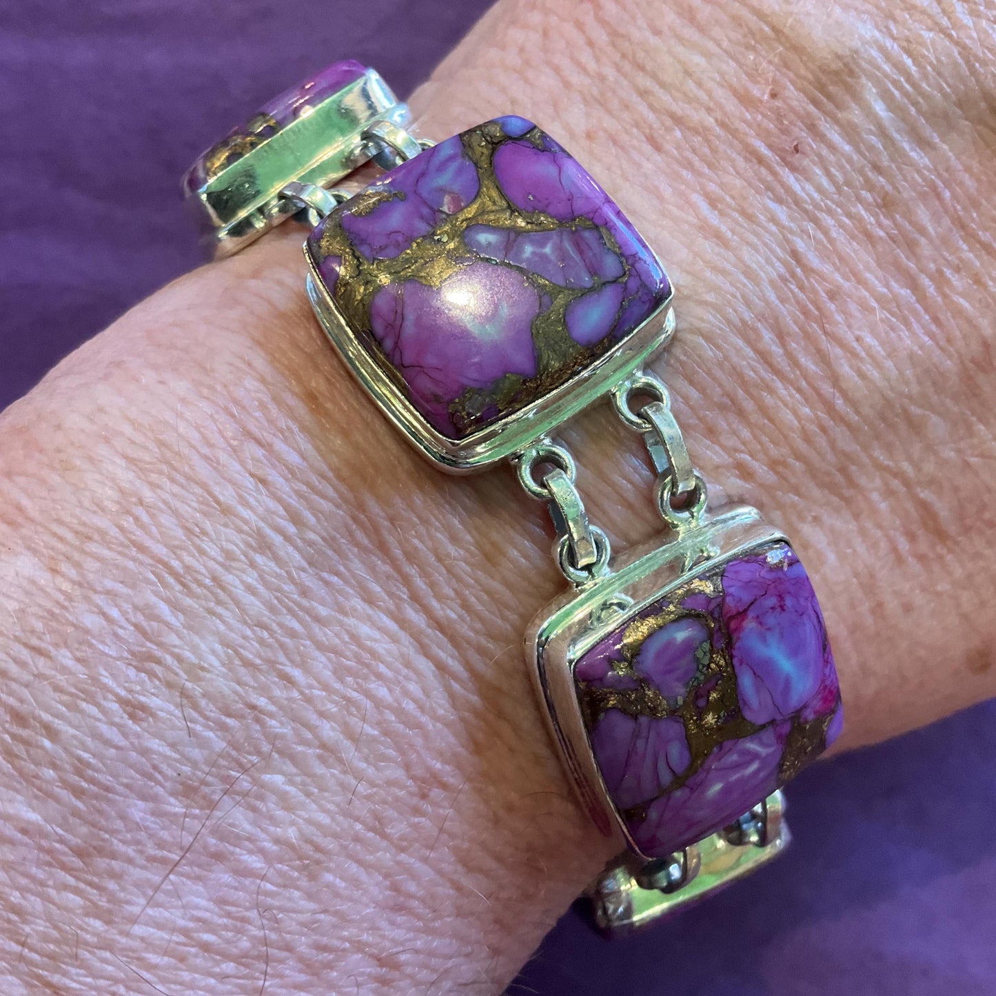 Vintage Purple Mojave Copper Turquoise and Silver Statement Bracelet,Purple and Gold Gemstones , Artisan Jeweller Made