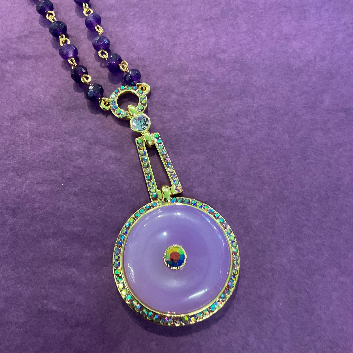 Vintage Butler and Wilson Art Deco Style Purple Crystal Donut Necklace, Purple and Borealis Rhinestones, Signed in Original Box.