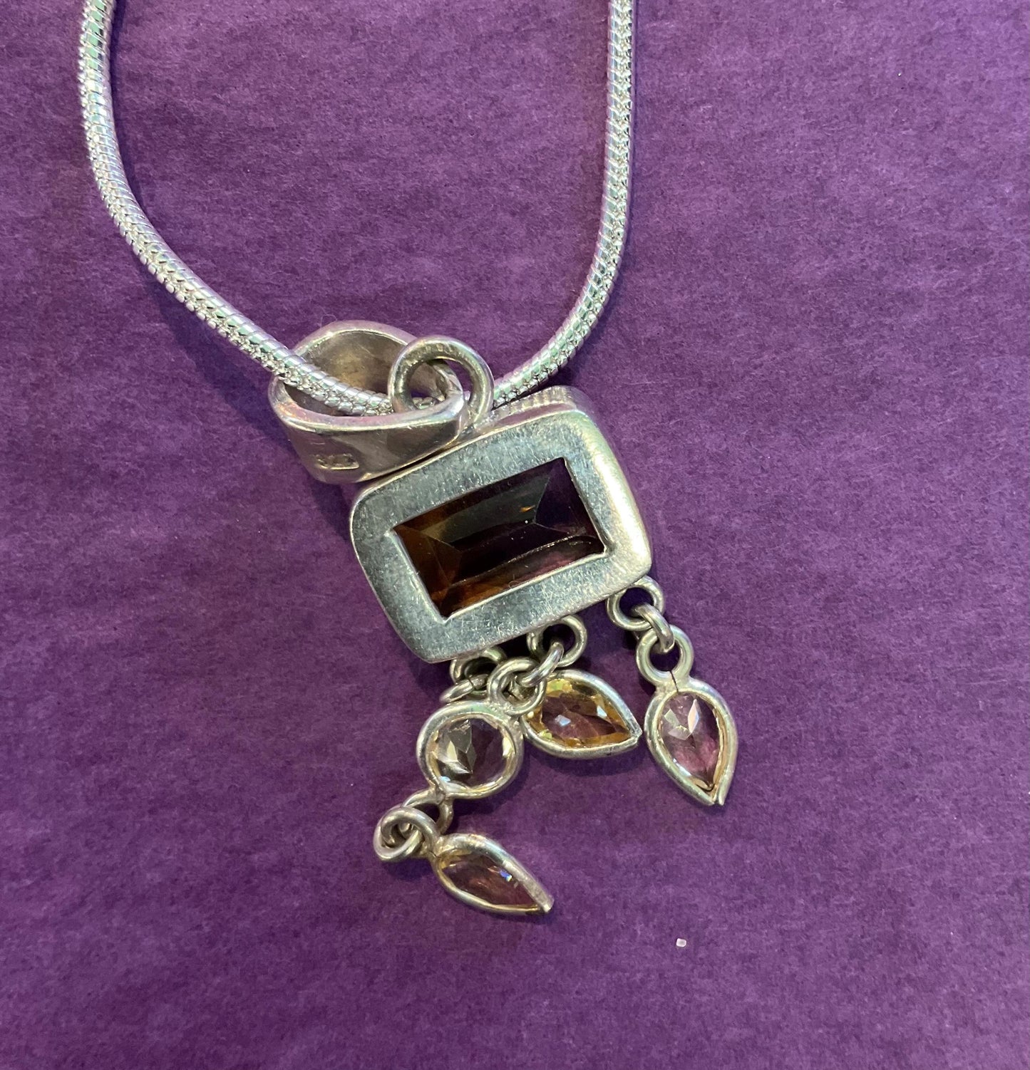 Vintage Silver 925 and Citrine Pendant Necklace, Vintage gemstones & New Silver Snake Chain, Artisan Jeweller Made, Sustainable Gift