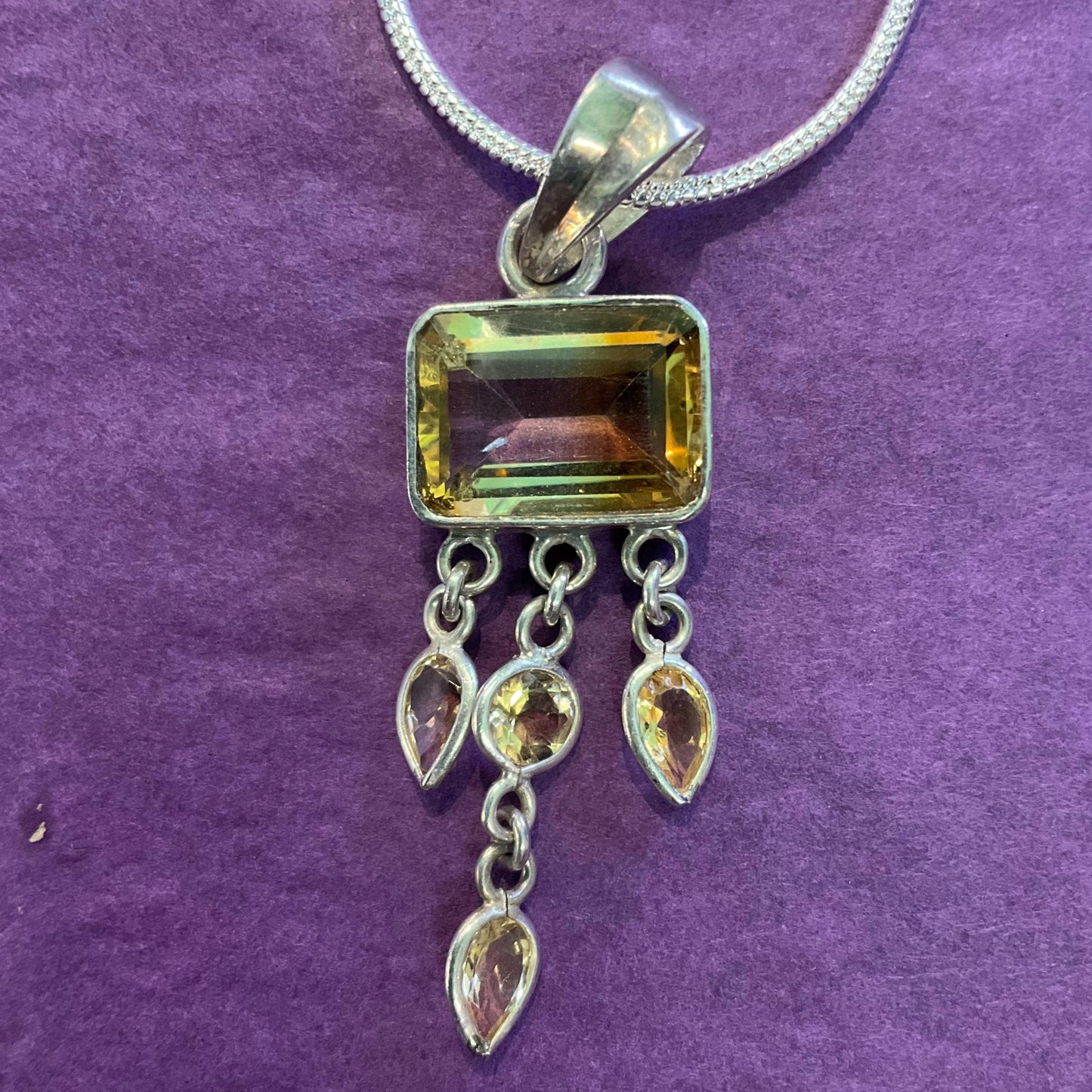 Vintage Silver 925 and Citrine Pendant Necklace, Vintage gemstones & New Silver Snake Chain, Artisan Jeweller Made, Sustainable Gift