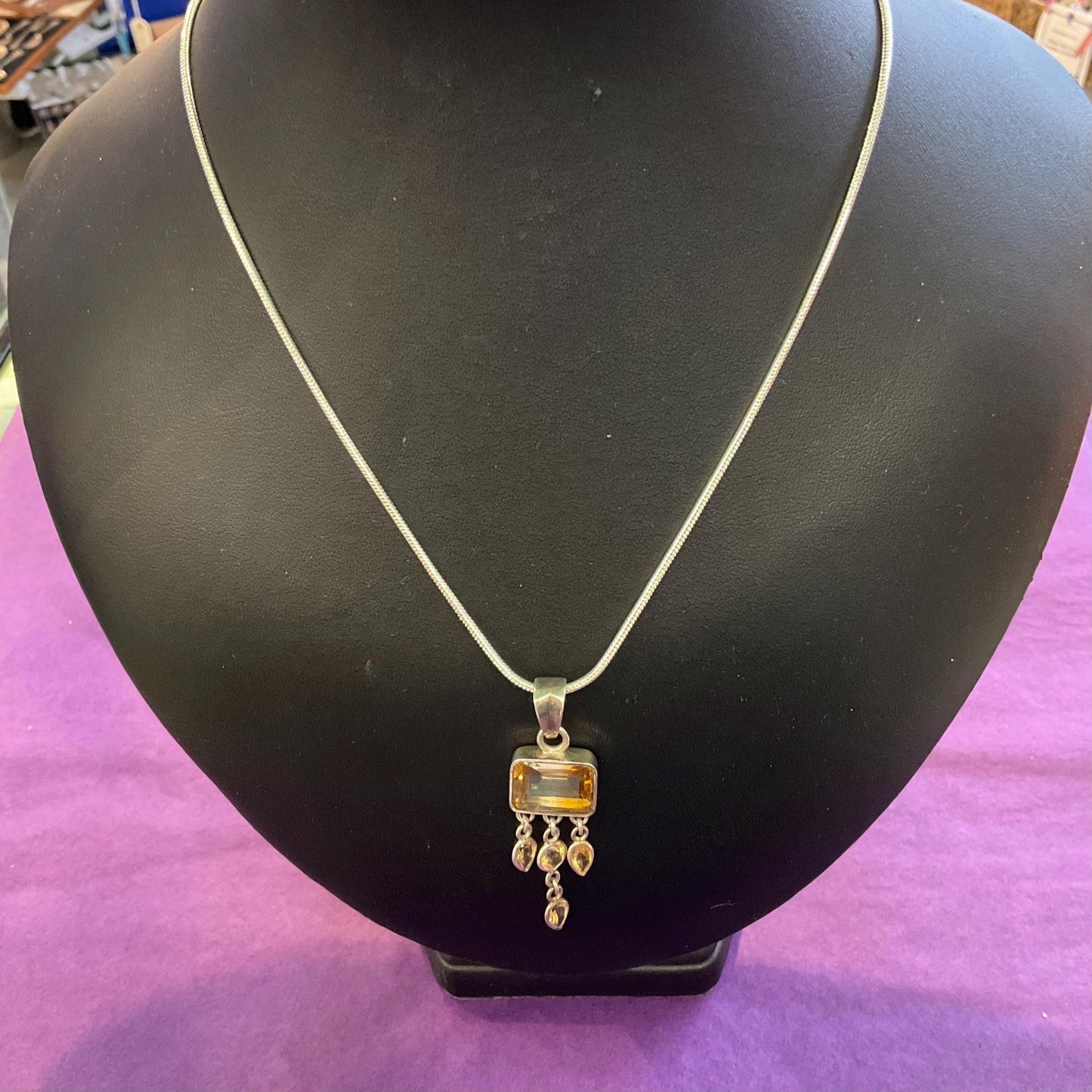 Vintage Silver 925 and Citrine Pendant Necklace, Vintage gemstones & New Silver Snake Chain, Artisan Jeweller Made, Sustainable Gift
