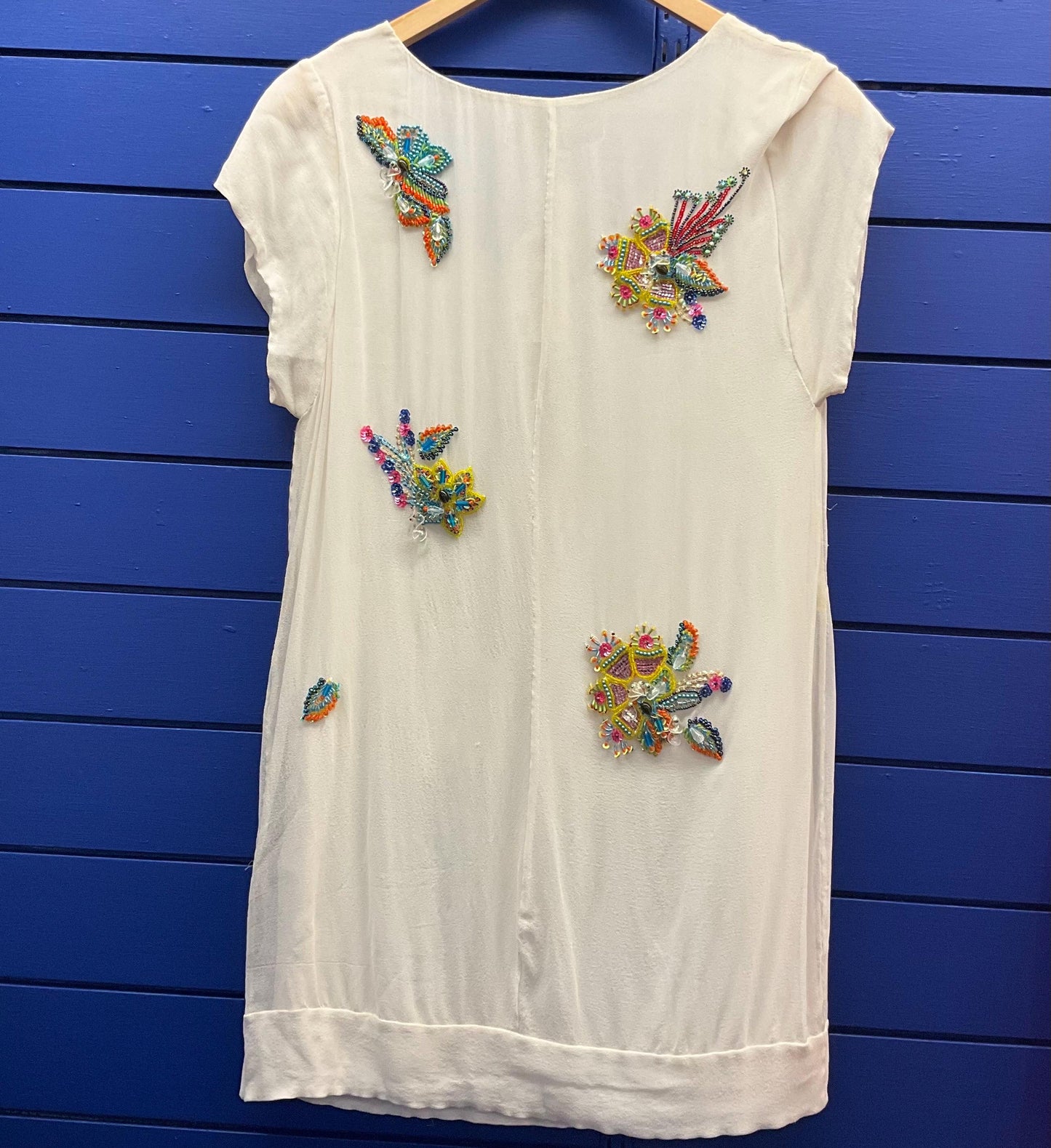 Vintage French Connection New with Tags Pure Silk Beaded shift Dress and Matching Clutch Bag, Ivory with Rainbow Floral Beads, Size 8/10
