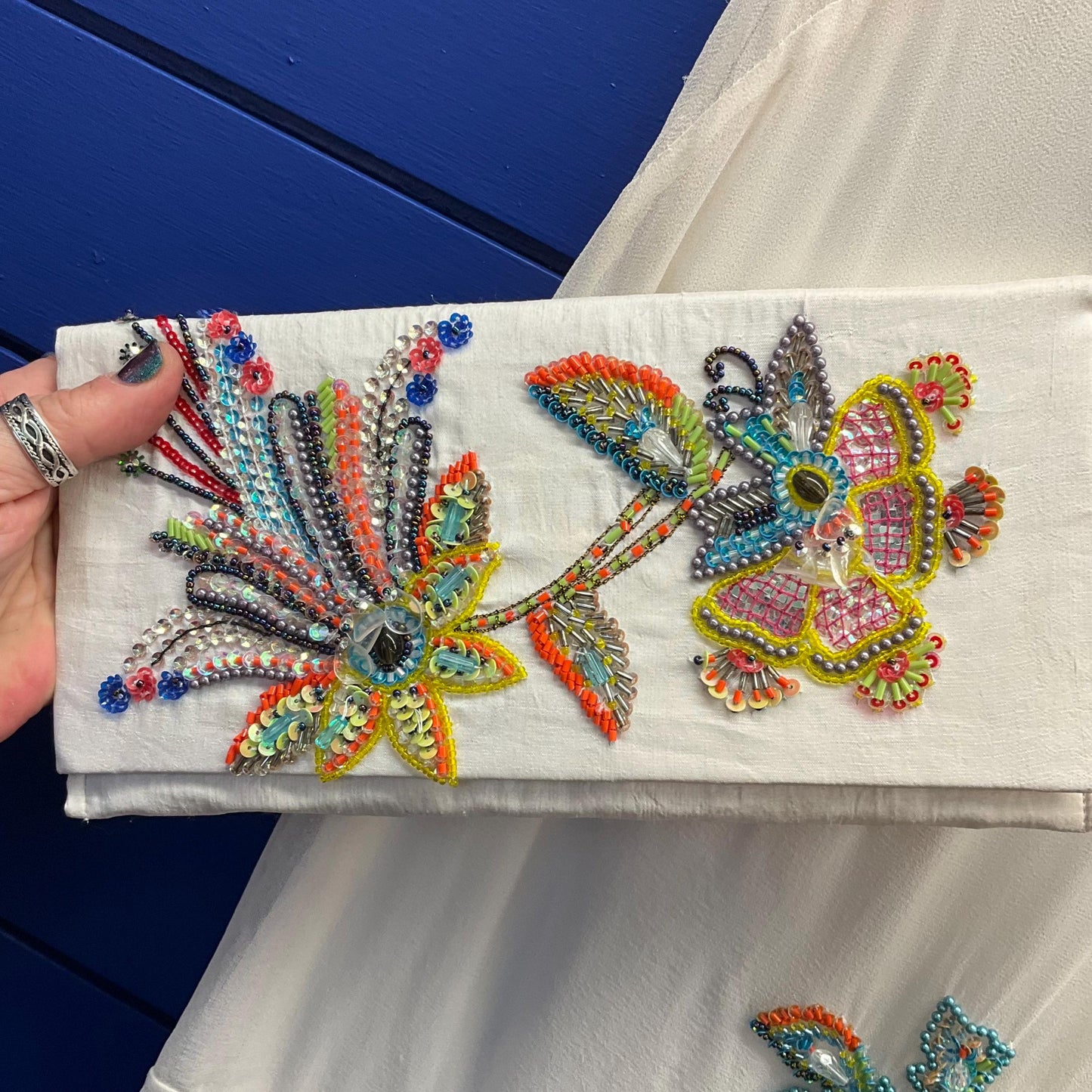 Vintage French Connection New with Tags Pure Silk Beaded shift Dress and Matching Clutch Bag, Ivory with Rainbow Floral Beads, Size 8/10