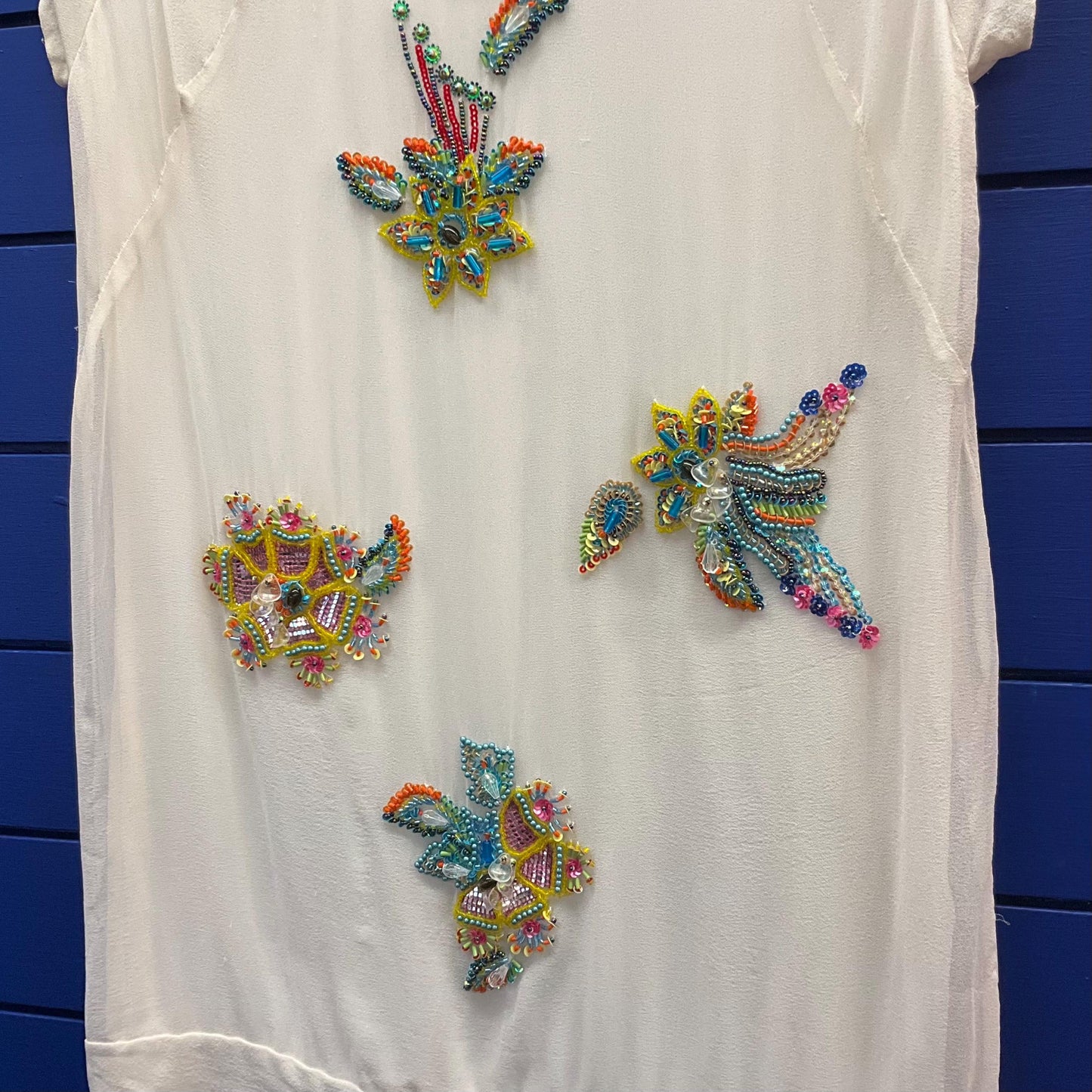 Vintage French Connection New with Tags Pure Silk Beaded shift Dress and Matching Clutch Bag, Ivory with Rainbow Floral Beads, Size 8/10
