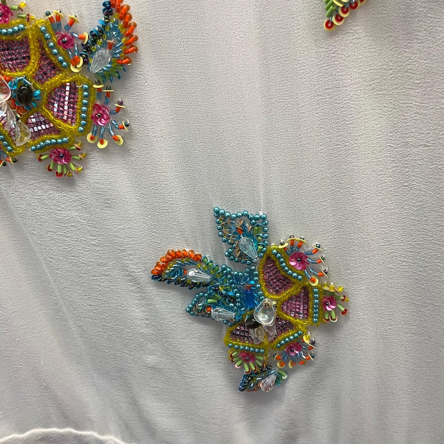 Vintage French Connection New with Tags Pure Silk Beaded shift Dress and Matching Clutch Bag, Ivory with Rainbow Floral Beads, Size 8/10