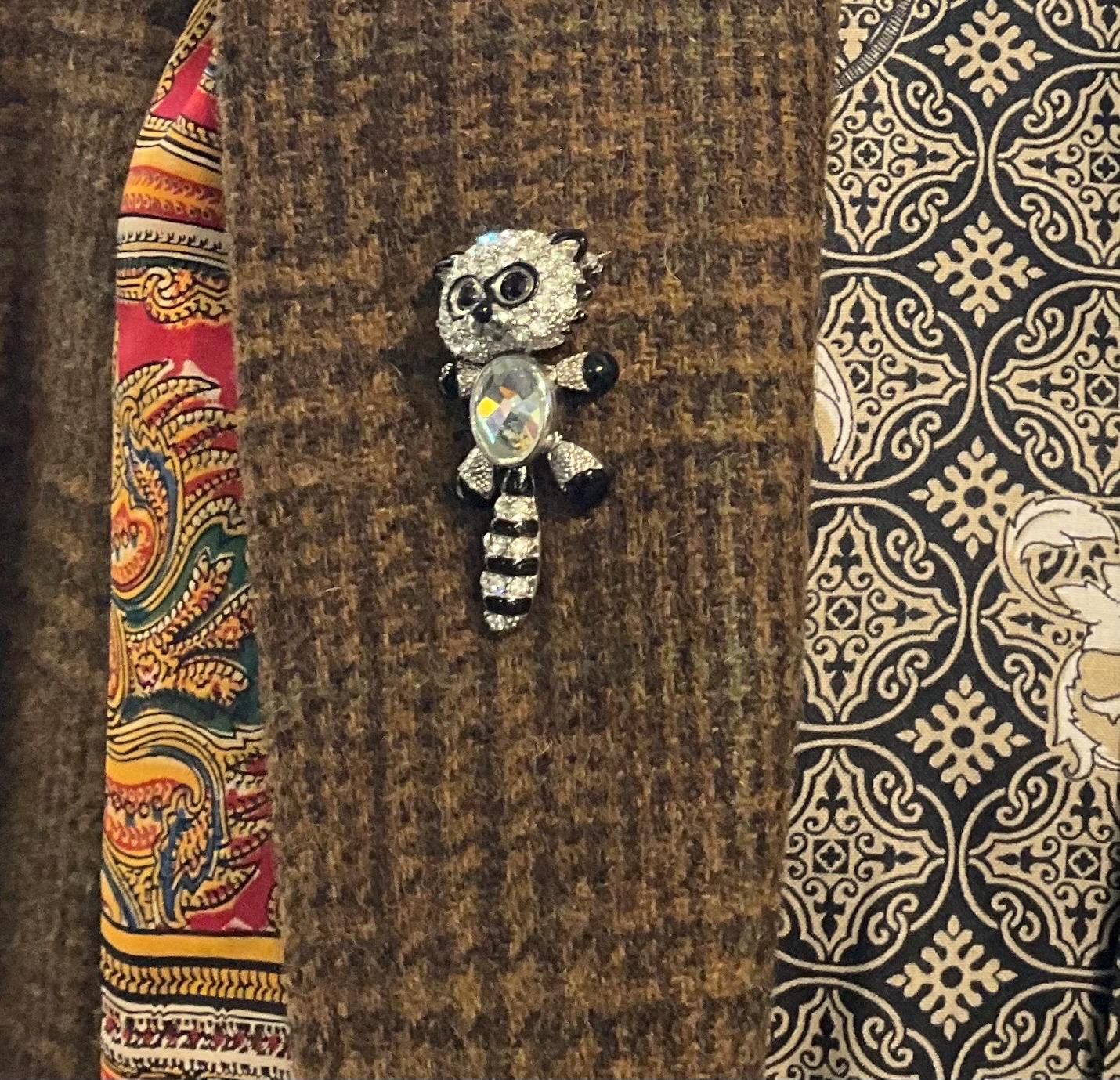 Vintage Butler and Wilson Crystal Raccoon Brooch, Silver Tone with silver crystals and black enamel, Signed as new