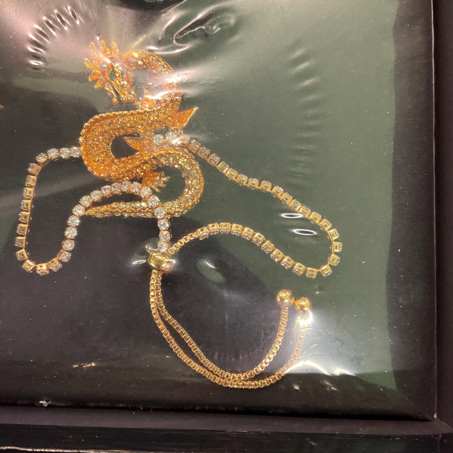 Vintage Butler and Wilson Unworn Gold Dragon Crystal Bracelet, Gold and Silver Borealis Rhinestones, Signed in Original Box