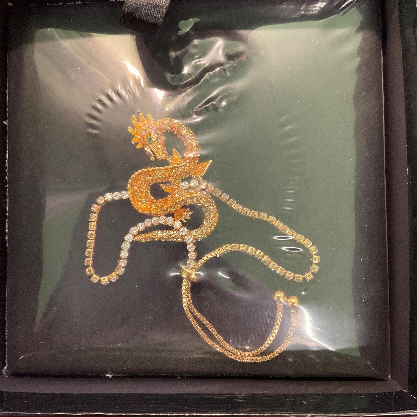 Vintage Butler and Wilson Unworn Gold Dragon Crystal Bracelet, Gold and Silver Borealis Rhinestones, Signed in Original Box
