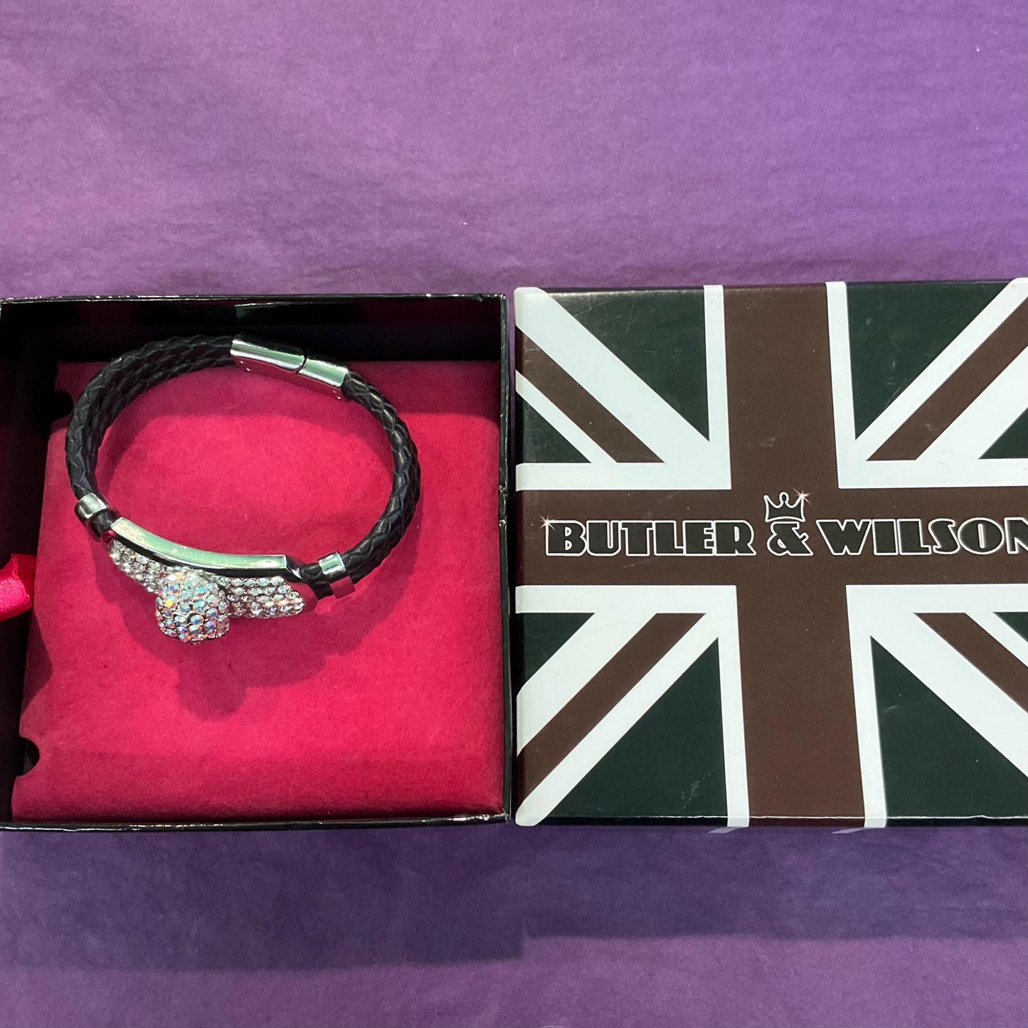 Vintage Butler And Wilson Crystal Skull Leather Woven Bracelet, Black Leather With Silver And Aurora Borealis Rhinestones, Signed in OB