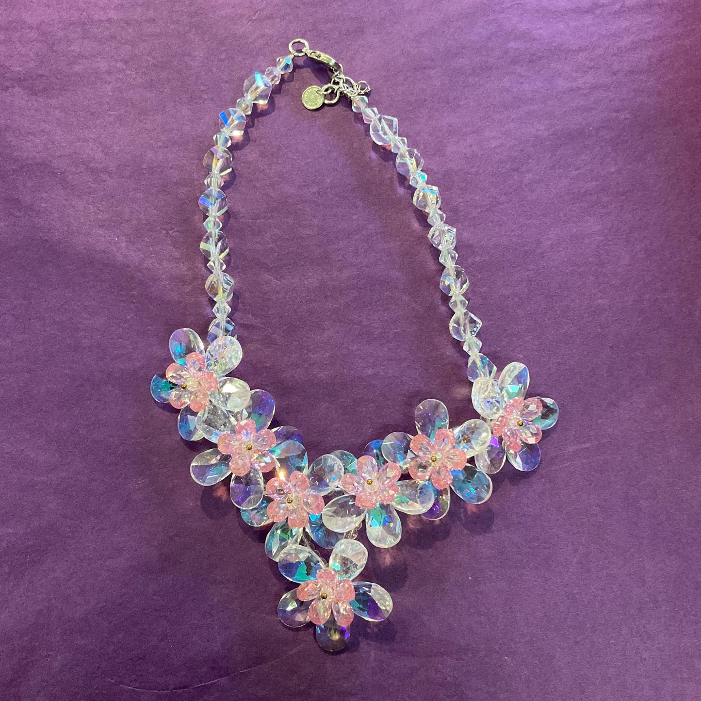 Vintage Butler And Wilson Crystal Floral Garland Beaded Necklace, Aurora Borealis And Pale Pink Crystal Flowers, Signed In Original Box
