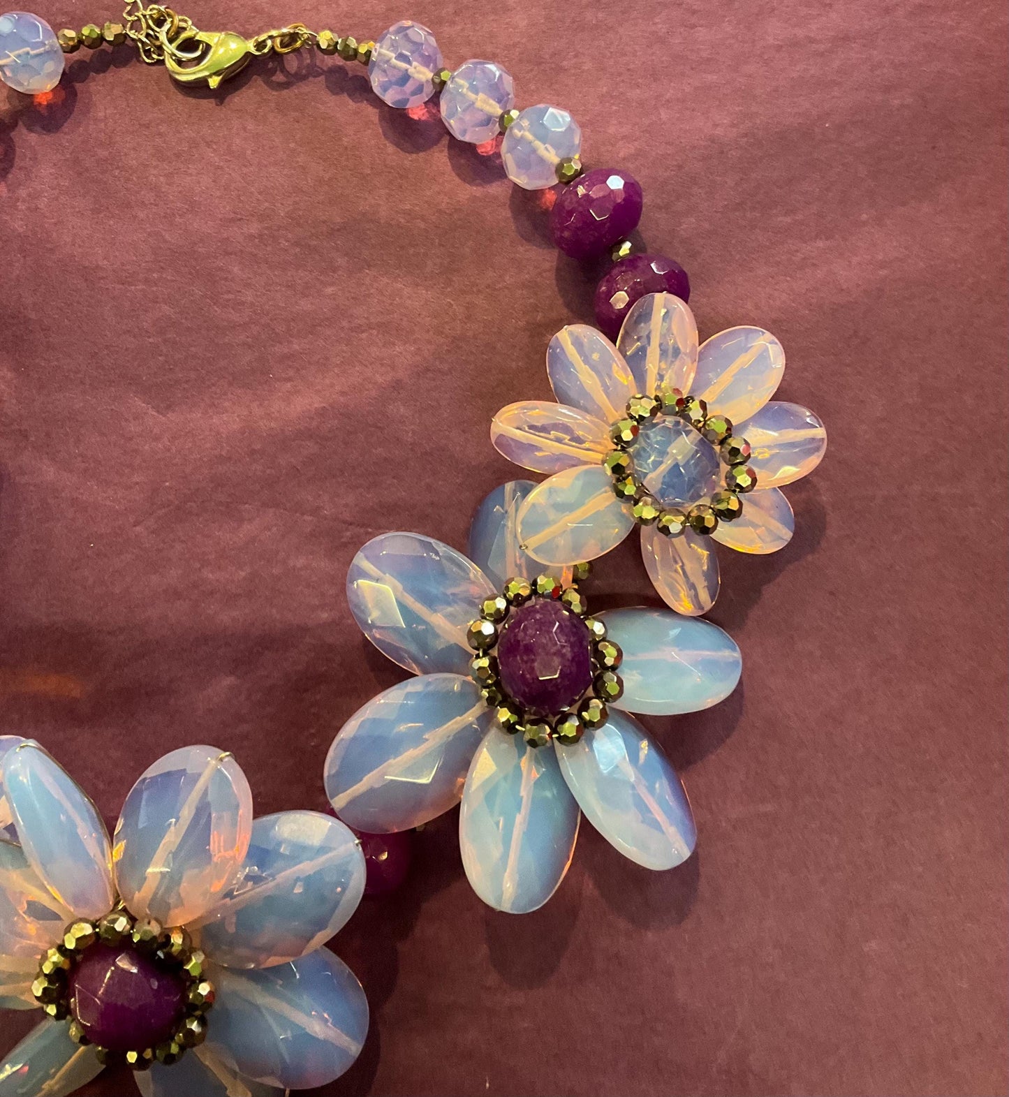 Vintage Butler And Wilson Lilac And Purple Opalescent Crystal Statement Flower Garland Asymmetrical Necklace, Silver Tone In Original Box