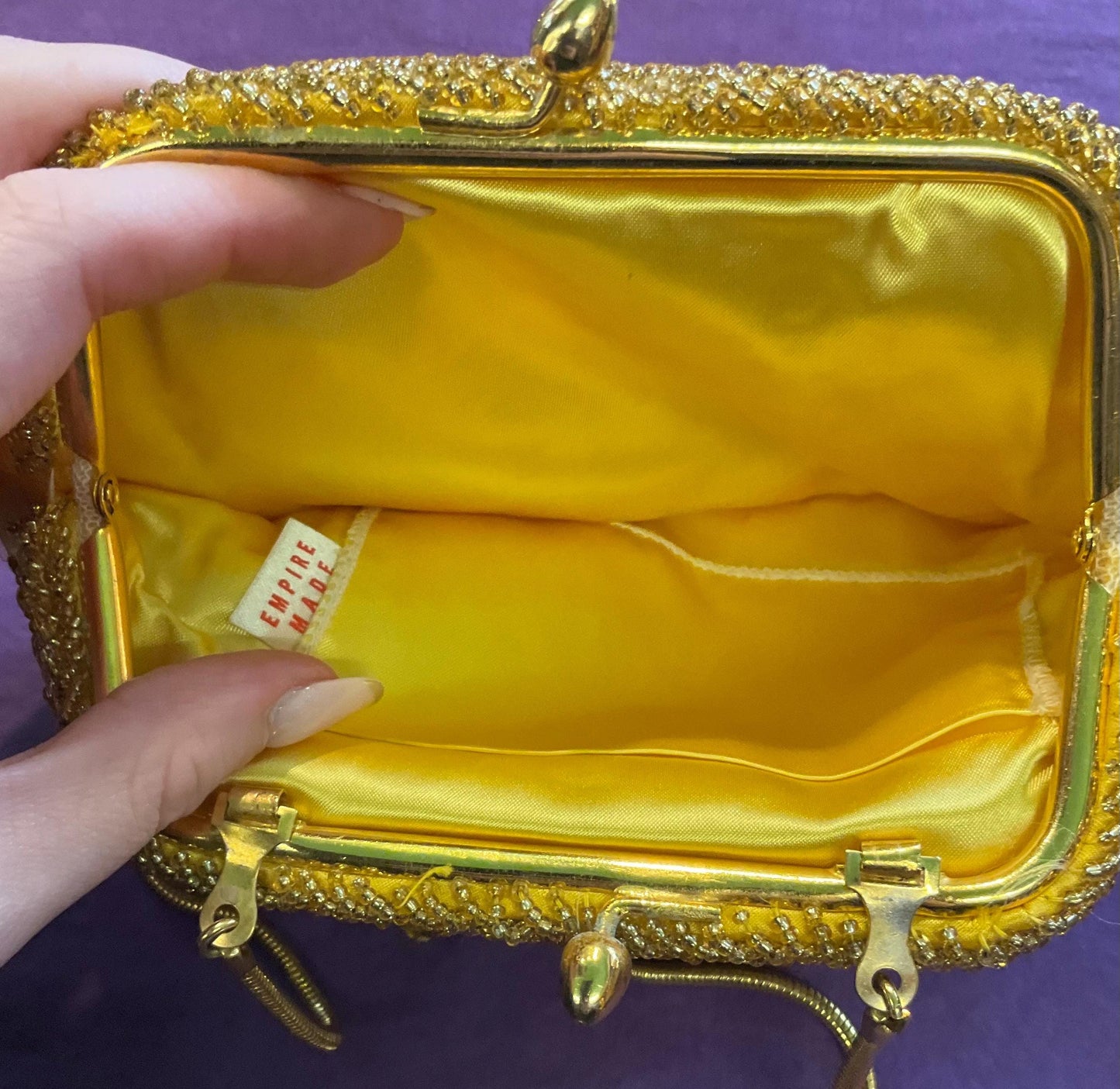 Vintage 1950/60s Gold Satin Beaded Evening Bag, Looped Beaded Tassels, Empire Made