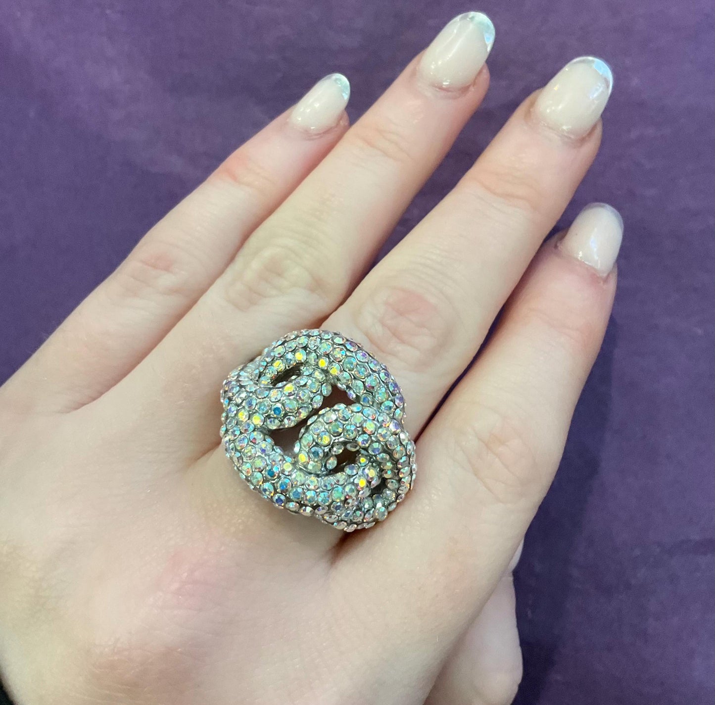 Vintage Butler And Wilson Crystal Infinity Knot Ring, Size R, Silver Tone With Aurora Borealis Rainbow Crystals, Signed In Original Box