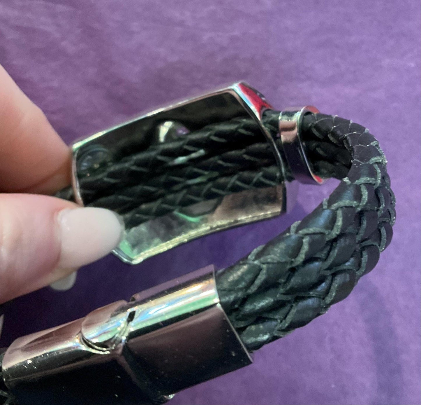 Vintage Butler And Wilson Statement Crystal Union Jack Leather Bracelet, Black Leather With Silver, Red, Blue Rhinestones, Signed as new