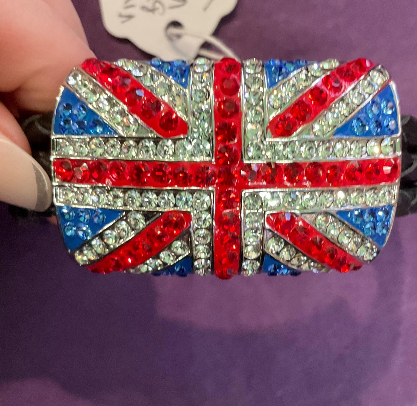 Vintage Butler And Wilson Statement Crystal Union Jack Leather Bracelet, Black Leather With Silver, Red, Blue Rhinestones, Signed as new