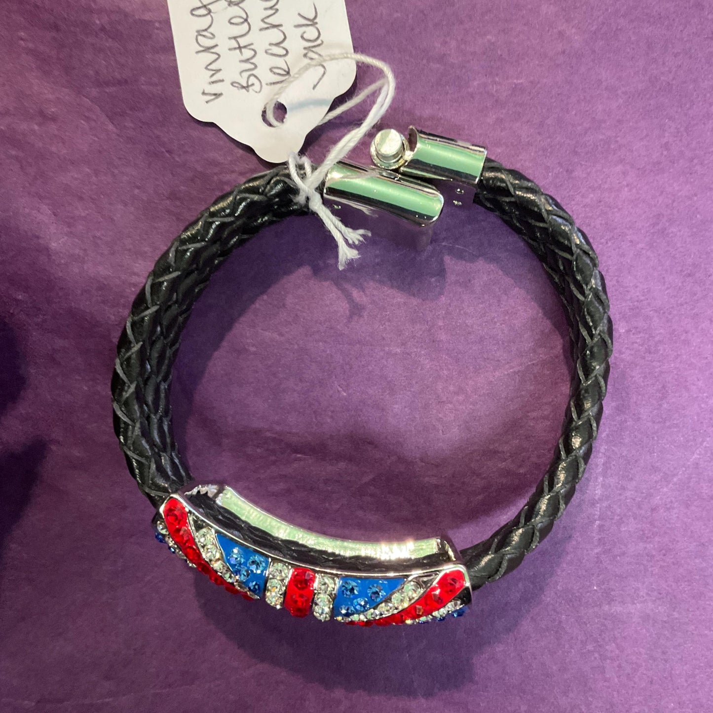 Vintage Butler And Wilson Statement Crystal Union Jack Leather Bracelet, Black Leather With Silver, Red, Blue Rhinestones, Signed as new