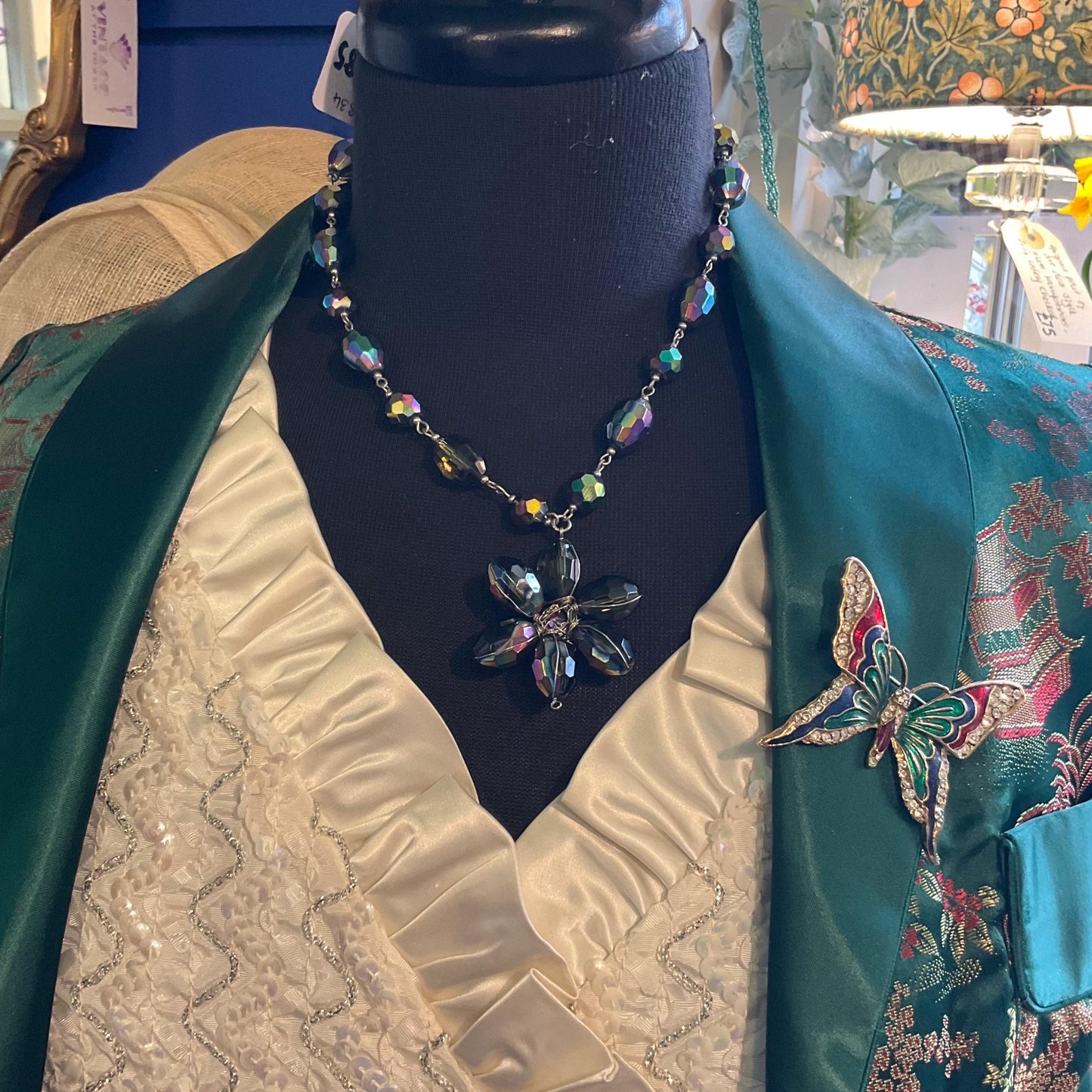 Vintage Butler and Wilson Peacock Borealis Crystal Floral Pendant Necklace and Drop Earring Set, Signed In Original Box, Formal Event