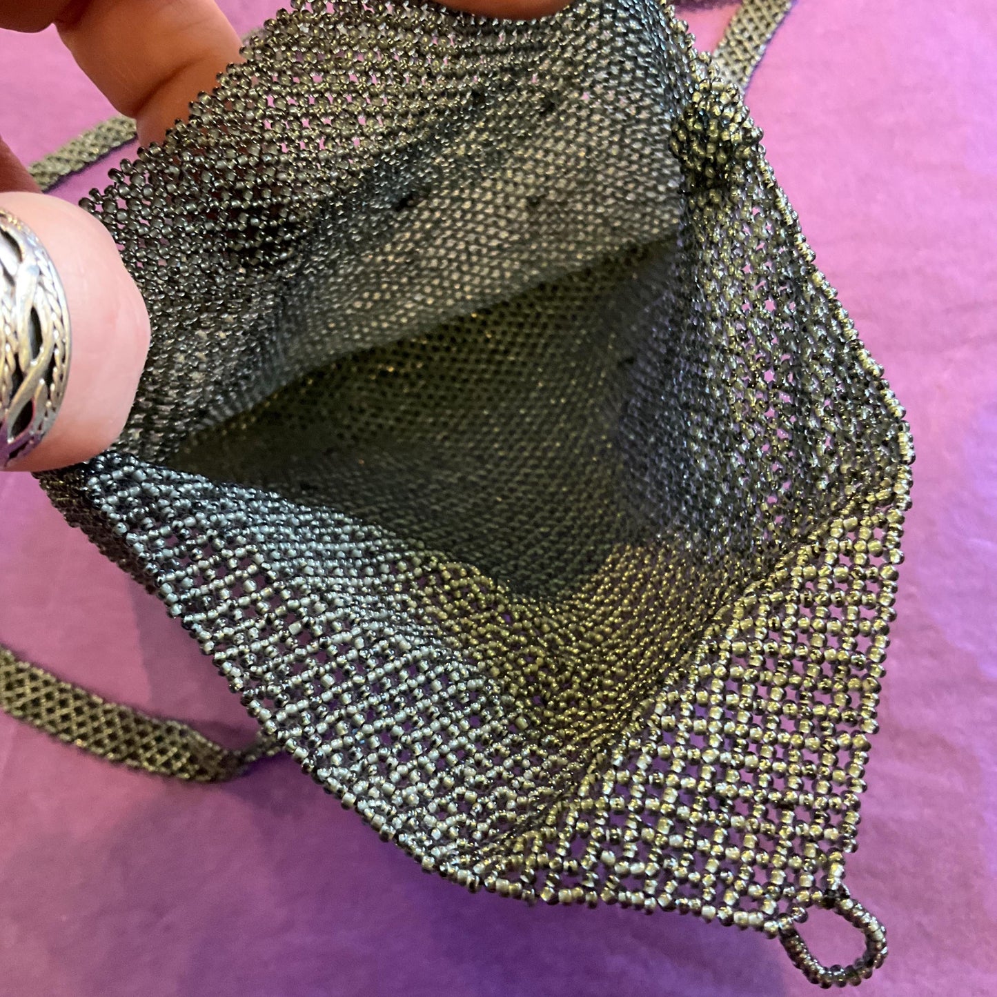 Antique Art Deco Micro Beaded Fringed Evening Bag, pewter tone glass beads, Shoulder strap, Formal Event