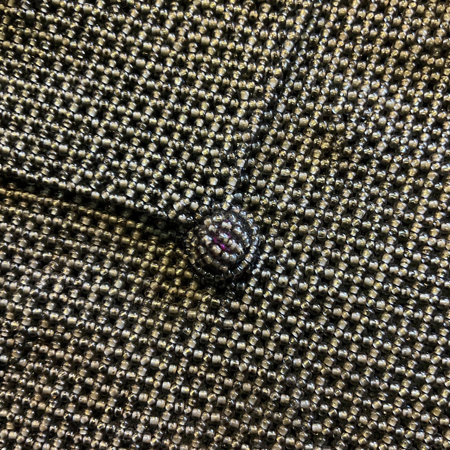 Antique Art Deco Micro Beaded Fringed Evening Bag, pewter tone glass beads, Shoulder strap, Formal Event