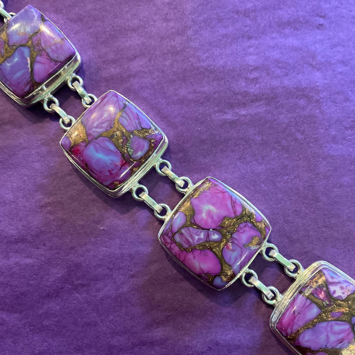 Vintage Purple Mojave Copper Turquoise and Silver Statement Bracelet,Purple and Gold Gemstones , Artisan Jeweller Made