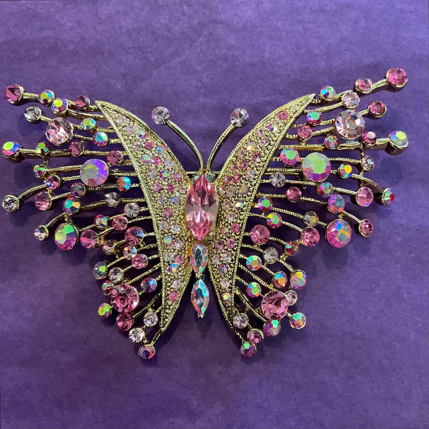 Vintage Butler and Wilson Large Crystal Butterfly Brooch, Gold Tone with Pink Borealis Crystals, Signed in Original Box, Festival , Summer