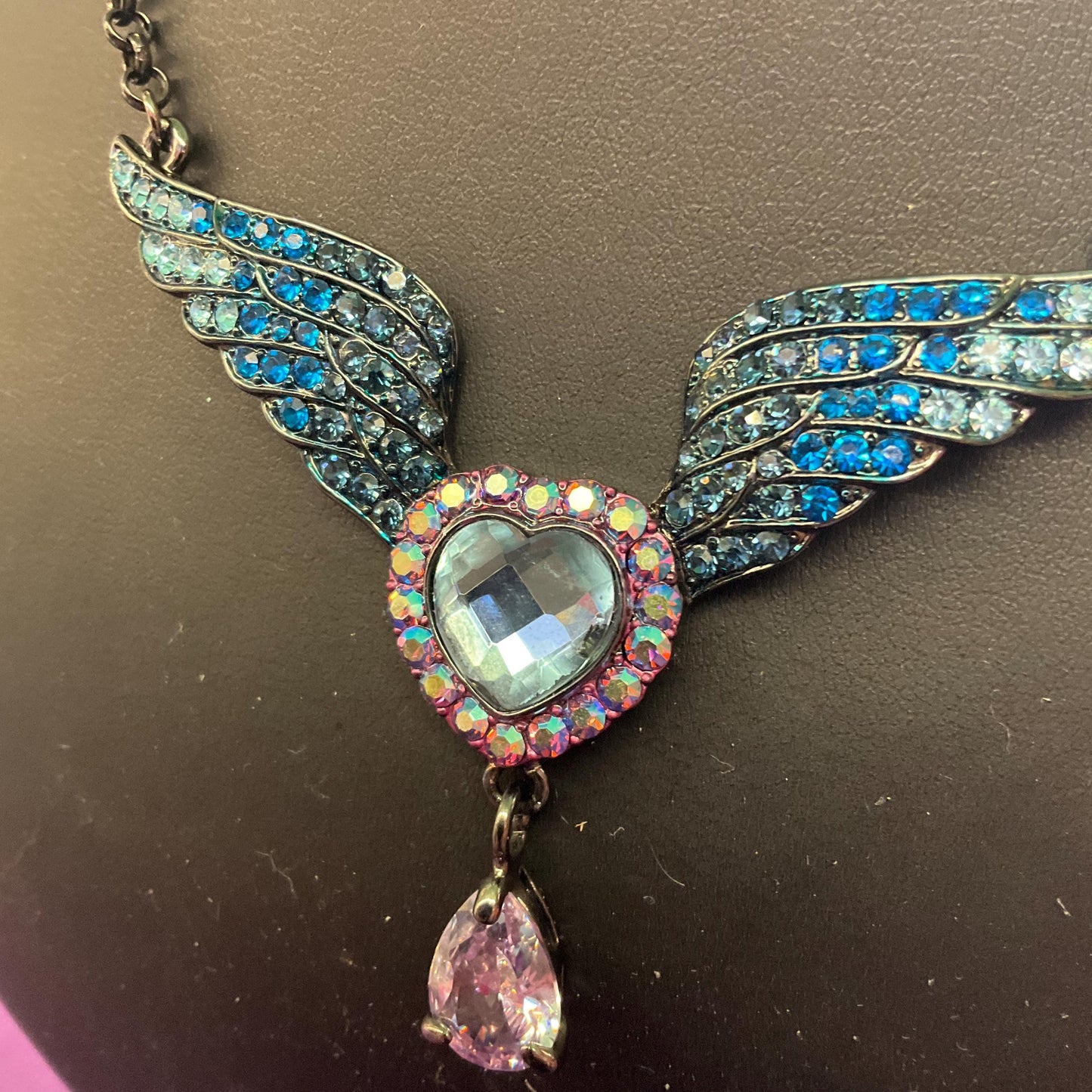 Vintage Butler and Wilson Blue Borealis Crystal Angel Wing with Heart Pendant Necklace, Graphite Tone with Rainbow Crystal, Signed