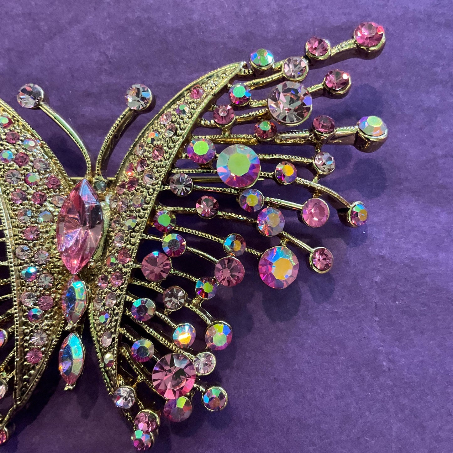 Vintage Butler and Wilson Large Crystal Butterfly Brooch, Gold Tone with Pink Borealis Crystals, Signed in Original Box, Festival , Summer
