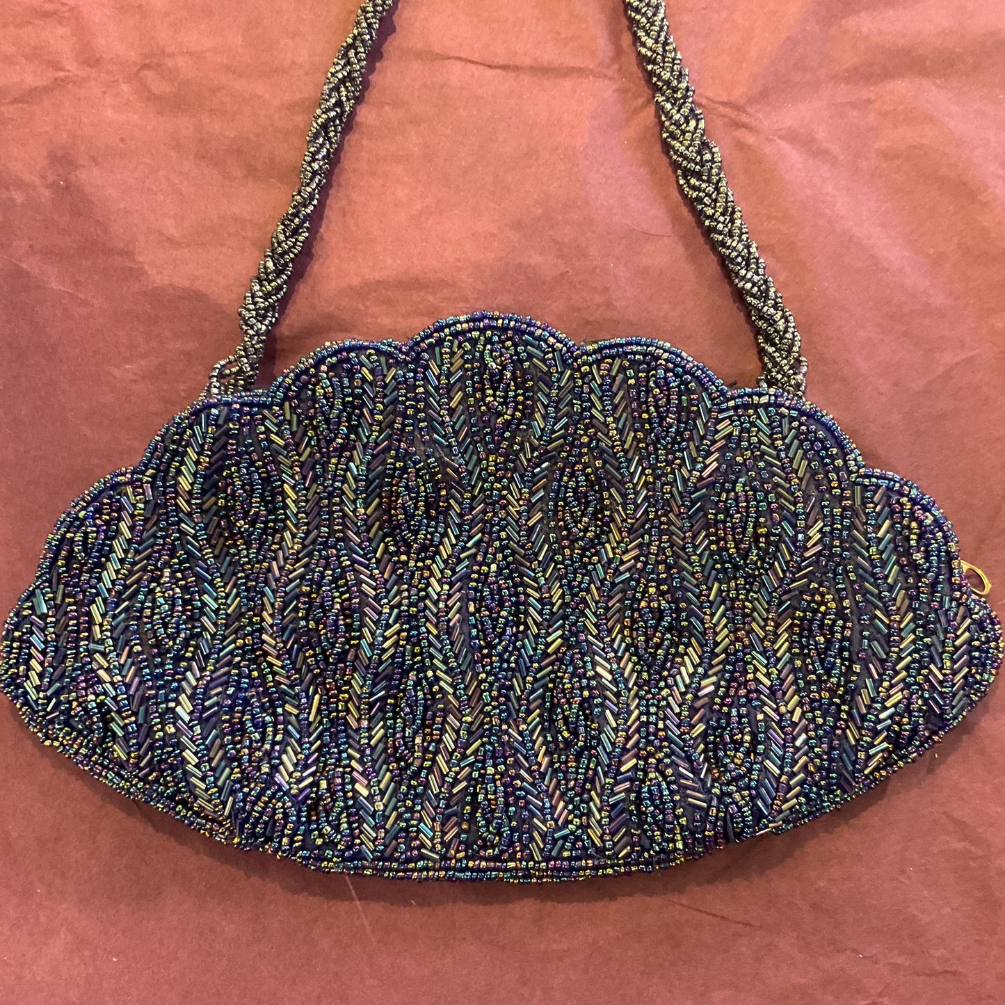 Vintage 1970s/80s Electric Blue Borealis Shell Shaped Beaded Evening Bag, Peacock Borealis lustre Beads, Wedding, festival