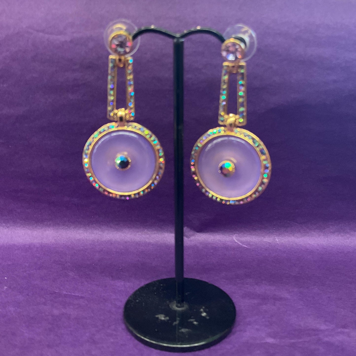 Vintage Butler and Wilson Art Deco Style Long Drop Earrings , Gold tone with Purple donut and Borealis crystals, signed in original box