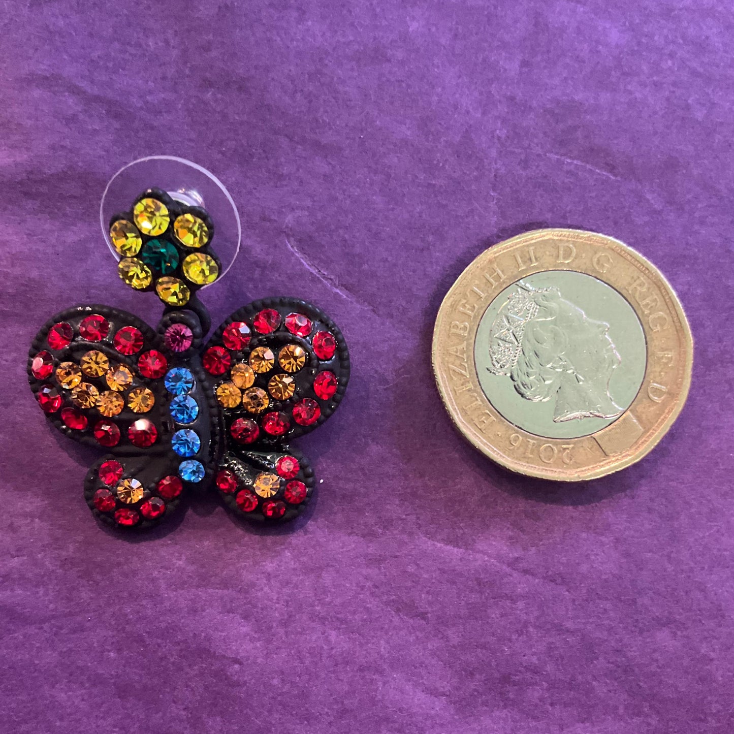 Vintage Butler and Wilson Bohemian Butterfly Pendant and Earring set, jewel bright colours, signed in original box, pride, festival