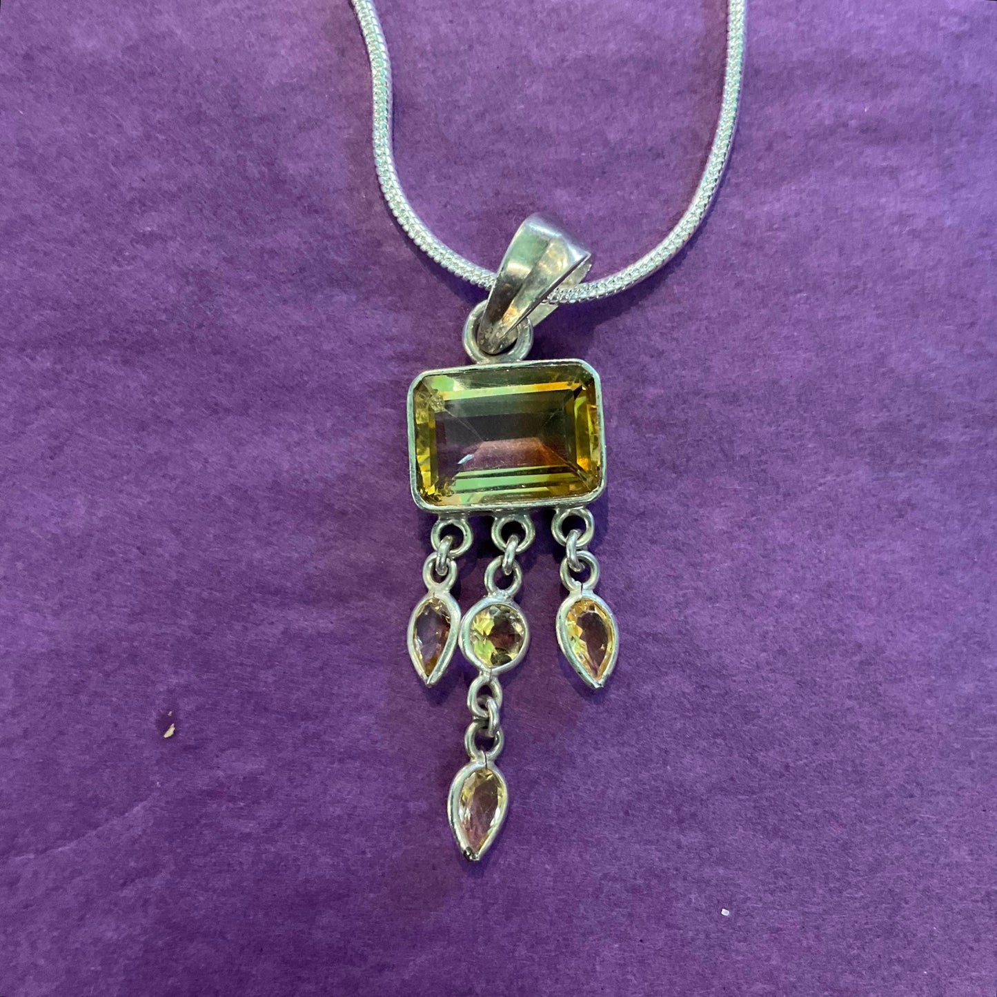 Vintage Silver 925 and Citrine Pendant Necklace, Vintage gemstones & New Silver Snake Chain, Artisan Jeweller Made, Sustainable Gift