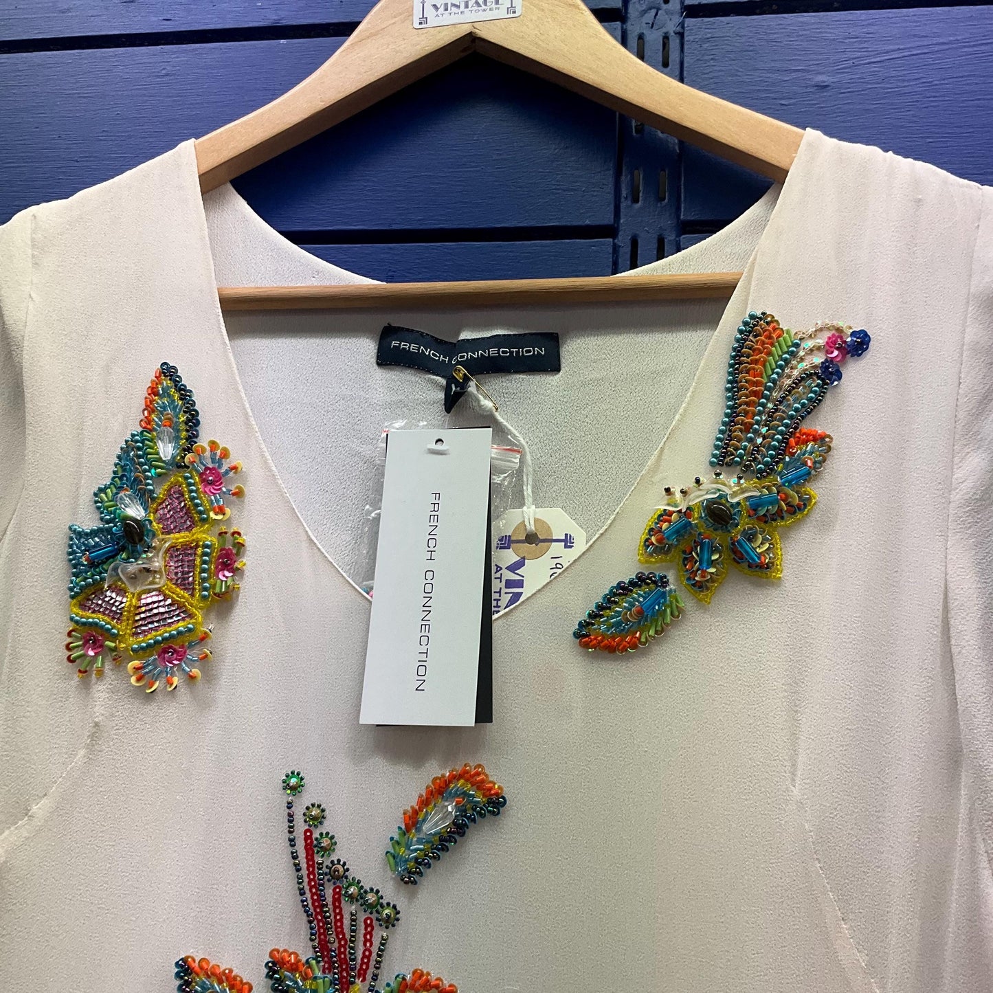 Vintage French Connection New with Tags Pure Silk Beaded shift Dress and Matching Clutch Bag, Ivory with Rainbow Floral Beads, Size 8/10