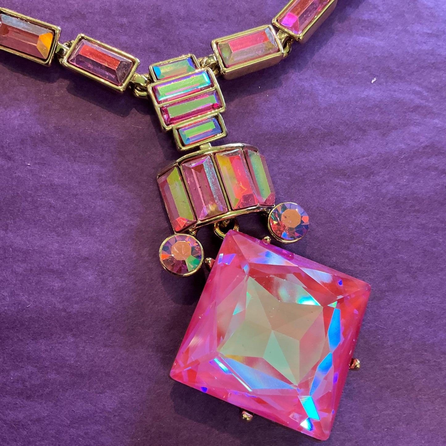 Vintage Butler and Wilson Art Deco Style Pink Borealis Crystal Statement Necklace, Rainbow Crystal, Unworn in original Box,Vintage Prom