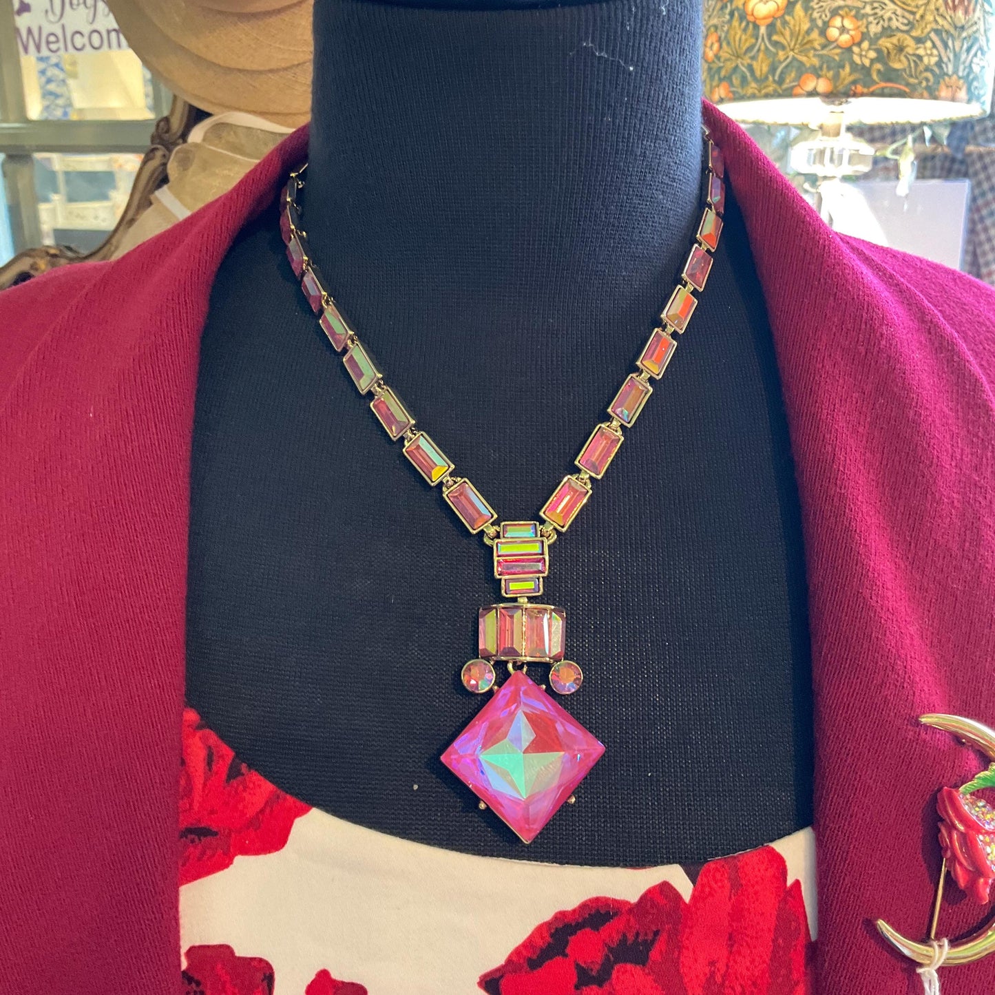 Vintage Butler and Wilson Art Deco Style Pink Borealis Crystal Statement Necklace, Rainbow Crystal, Unworn in original Box,Vintage Prom