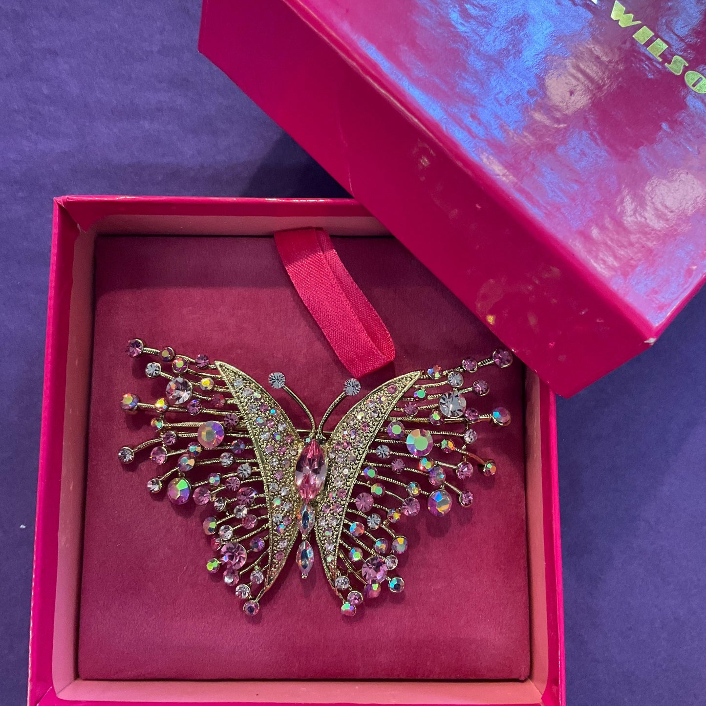 Vintage Butler and Wilson Large Crystal Butterfly Brooch, Gold Tone with Pink Borealis Crystals, Signed in Original Box, Festival , Summer