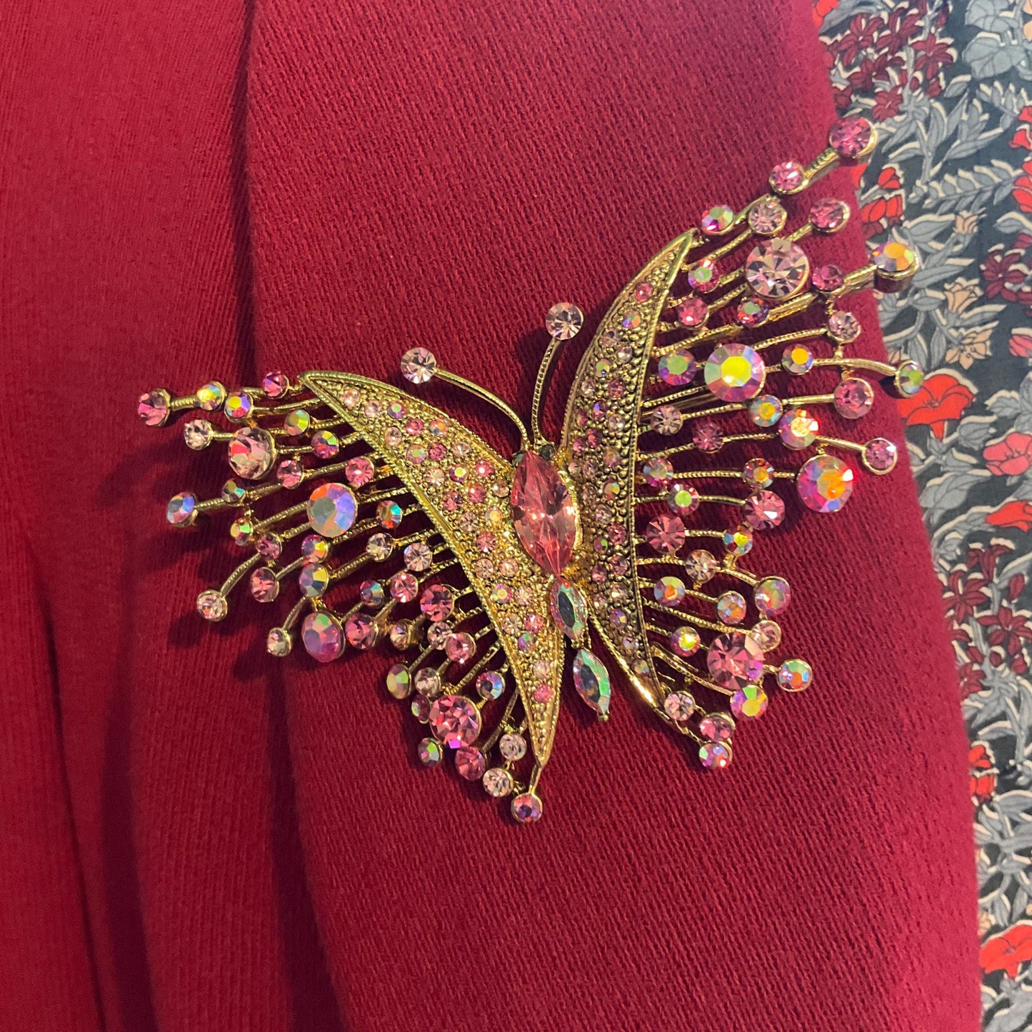 Vintage Butler and Wilson Large Crystal Butterfly Brooch, Gold Tone with Pink Borealis Crystals, Signed in Original Box, Festival , Summer