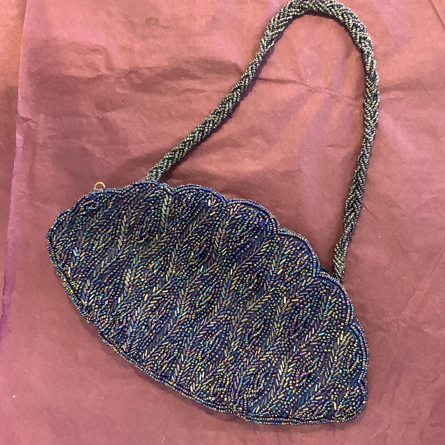 Vintage 1970s/80s Electric Blue Borealis Shell Shaped Beaded Evening Bag, Peacock Borealis lustre Beads, Wedding, festival