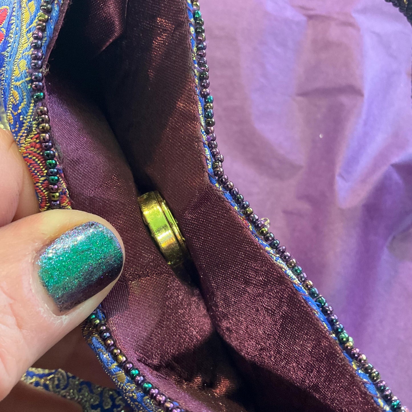 Vintage Bohemian Purple Paisley Beaded Fringed Evening Bag, Mettalic gold brocade with peacock Borealis Beads